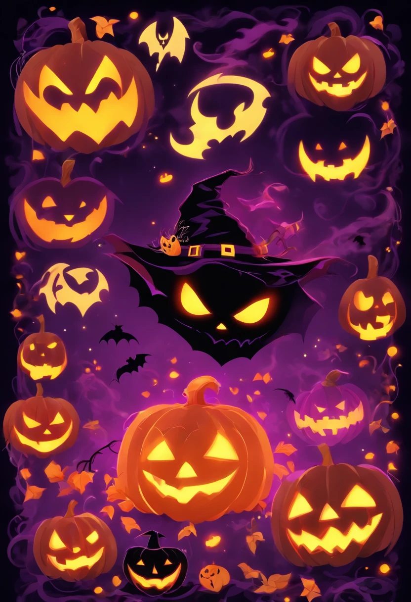 Halloween Elements, Digital Art: Black bat, Spooky pumpkin ghost, Spooky Moon, Ghost Broom, Purple Line Witch Talking Hat, Spider with yellow and black stripes, Witch's Castle, Magic black background, Minimalistic images with exclusive sticker illustrations