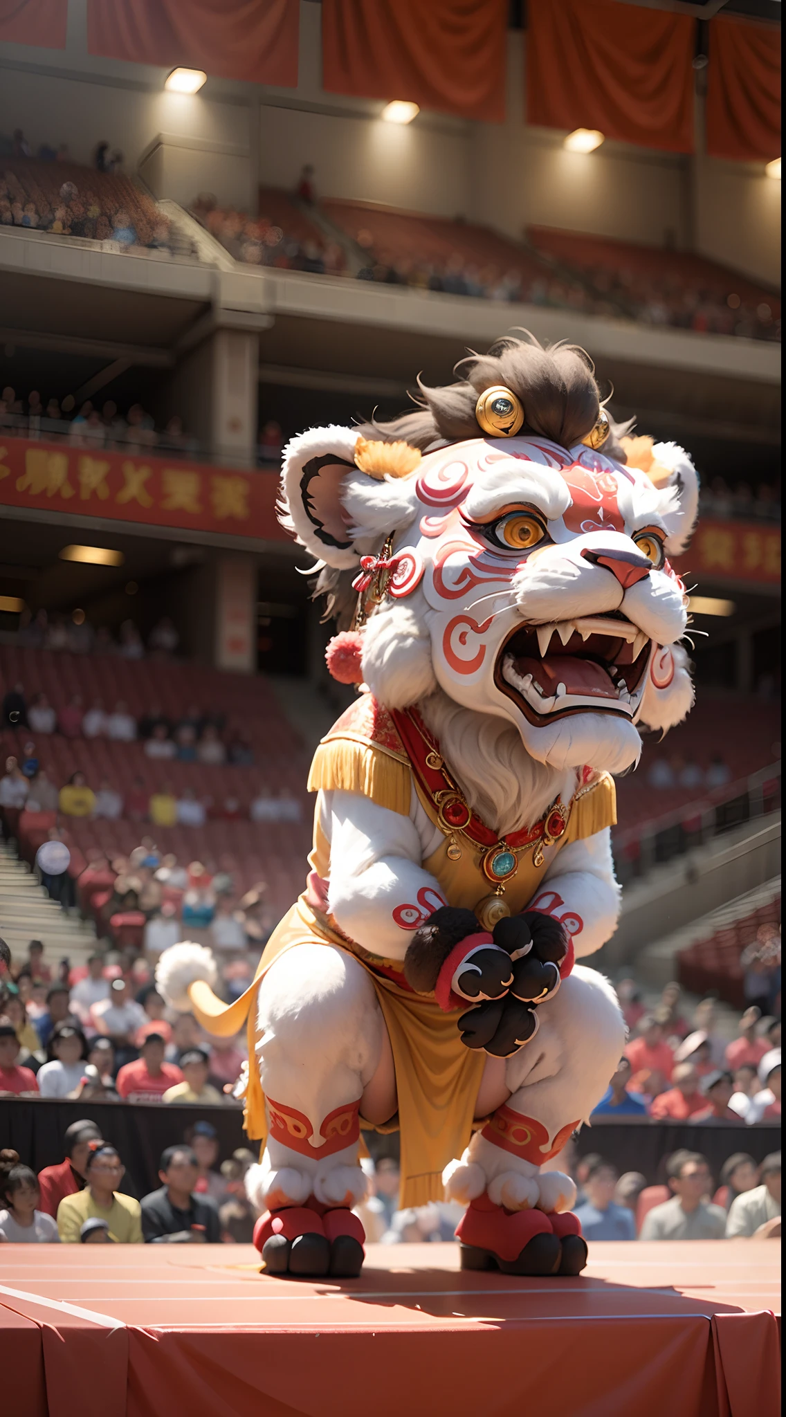 Spacious stage，Lion dance competition，cheering crowd