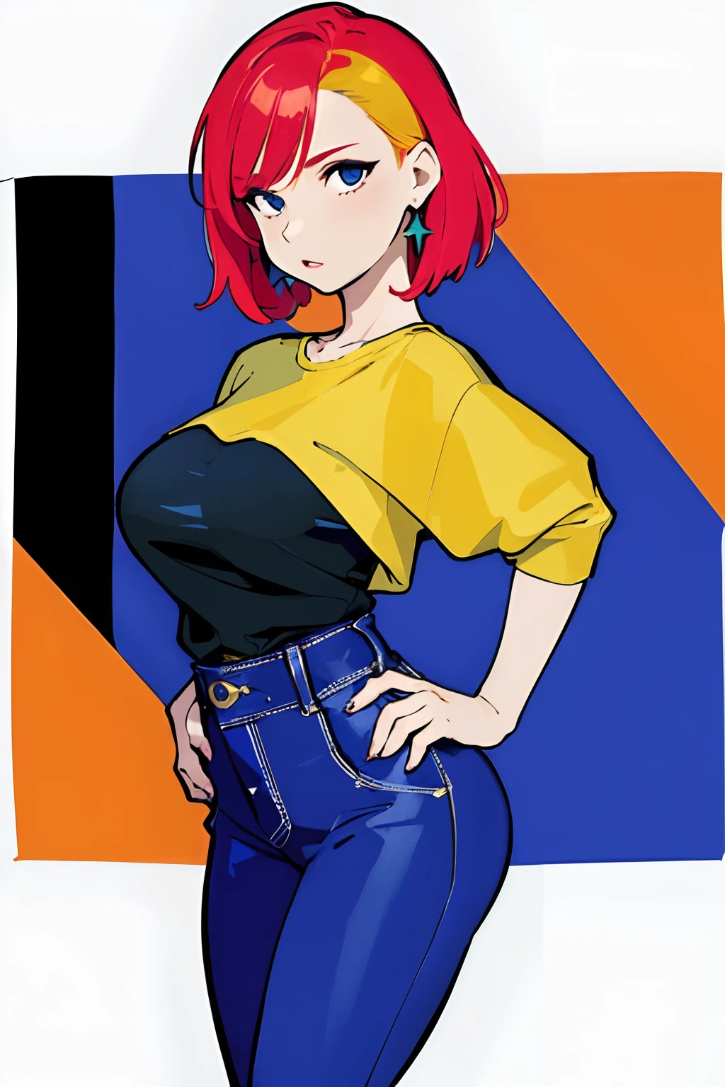 (masterpiece, best quality:1.4), (film poster, cover-style), young woman as the central character, sense of danger and intensity, dark and gritty background, The text is bold and attention-grabbing, color palette is mainly dark with splashes of vibrant colors, fashionable, woman, vibrant, outfit, posing, front, colorful, dynamic, background, elements, confident, expression, majestic, modern, trendy, focus, fashion,