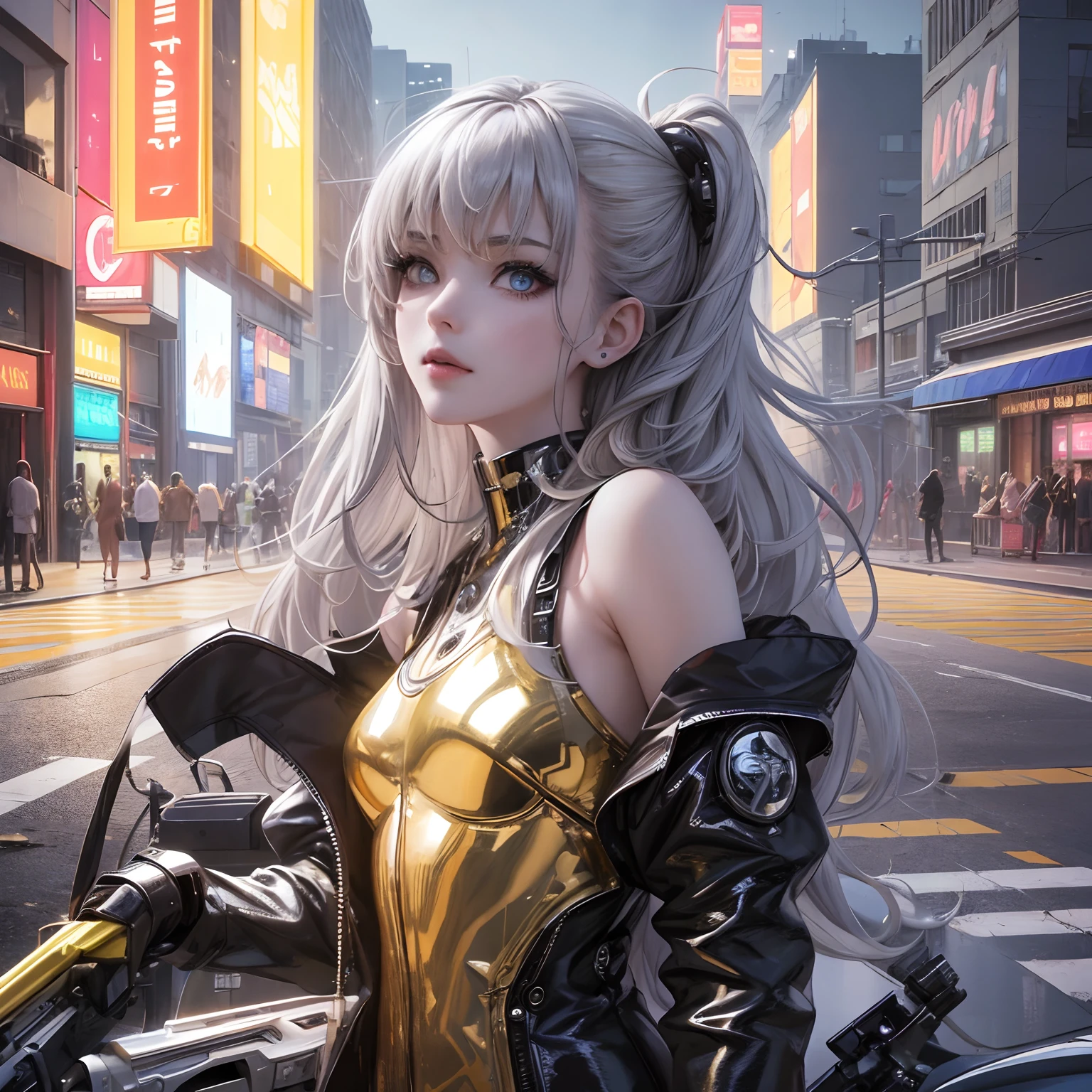 super high image, super detail, super high resolution, the face is human and the body is chrome mechanical parts sexy beautiful cute female floating in the sky, light silver glossy braided bangs hair, precise and detailed parts, cyberpunk midnight city, ruins, piles of rubble, puddles, iridescent, background fantasy, galaxy, magic circle, kaleidoscope, rainbow and gold neon light many lines, professional lighting
