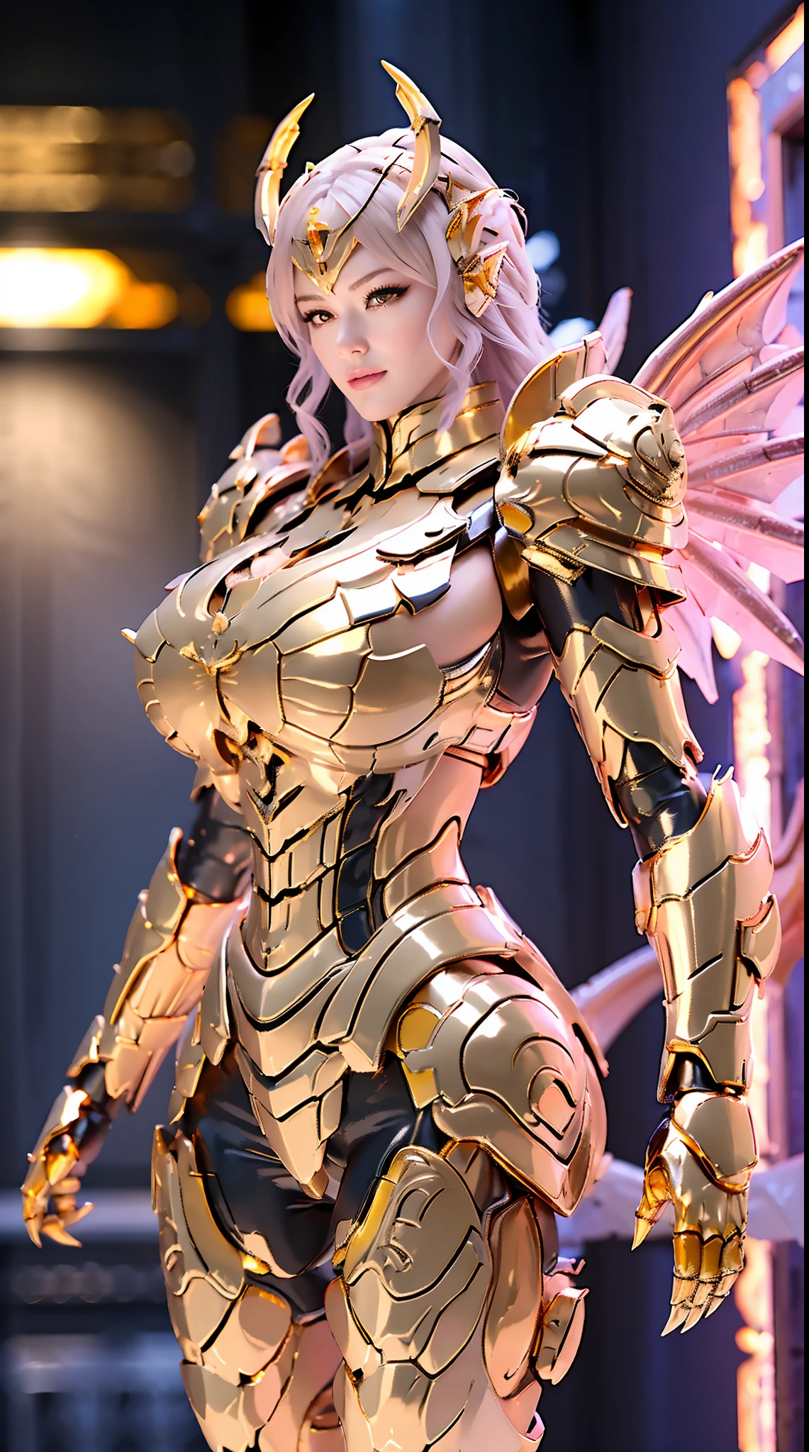 GOLD DRAGON GODDESS, HUGE BOOBS, BATTLE ARMOR SUIT, CLEAVAGE, (A PAIR OF HUGE DRAGON WINGS:1.2), TRANSPARANT, TALL LEGS, STANDING, SEXY BODY, MUSCLE ABS.