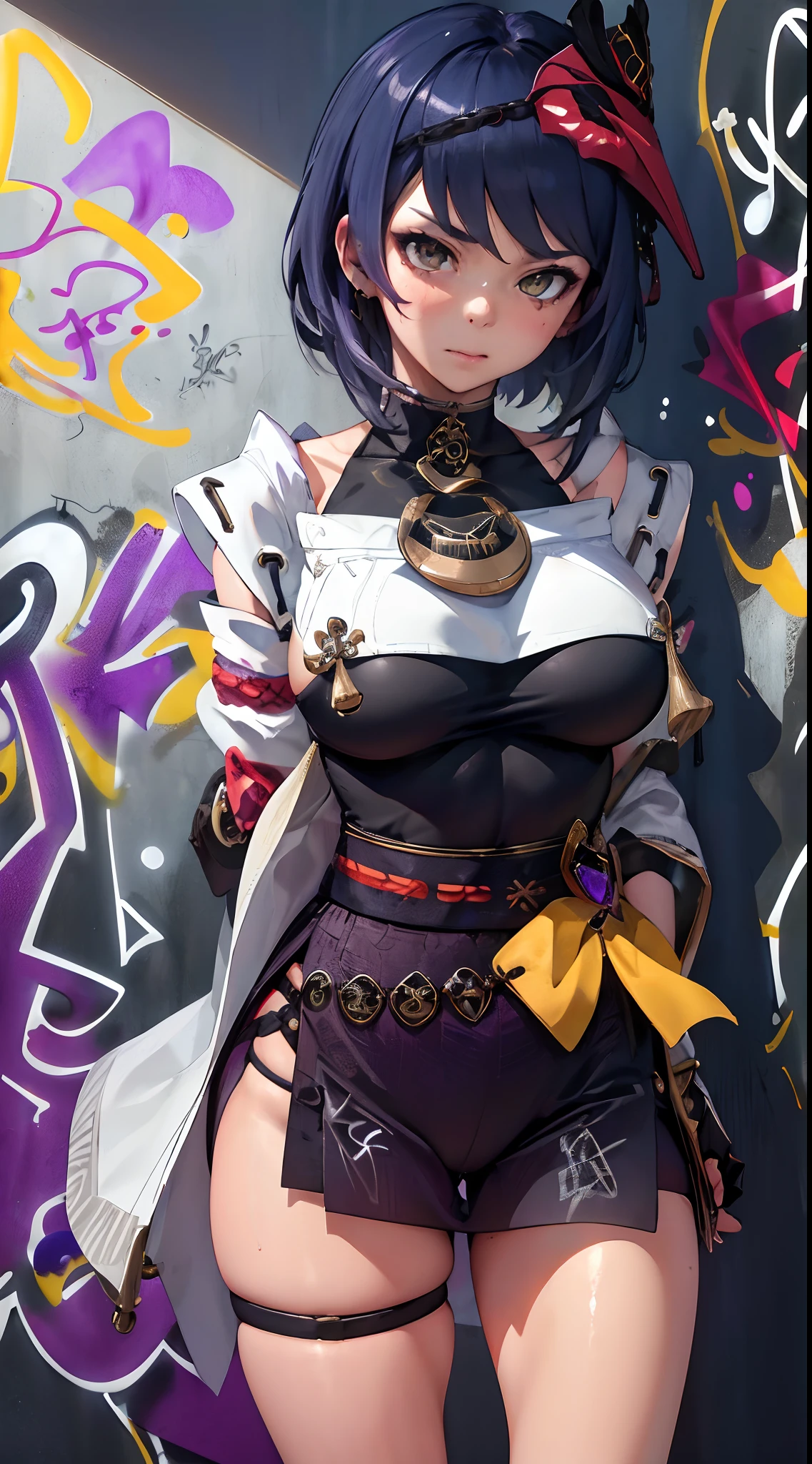 Kujou Sara Genshin Effect, masterpiece, bestquality, 1girls, oversized breasts, bara, choker, (Graffiti:1.5), Splash with purple lightning pattern., arm behind back, against wall, View viewers from the front., Thigh strap, Head tilt, bored, water eyes,