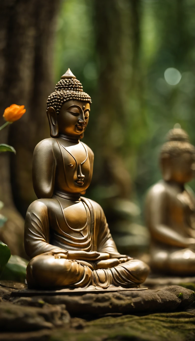 Masterpiece,Realistic depiction of Buddha statues, Pray with both hands，Blend seamlessly with nature, flowingwater，Lotus element, Ultra-detailed, Cinematic lighting, Ultra-high definition