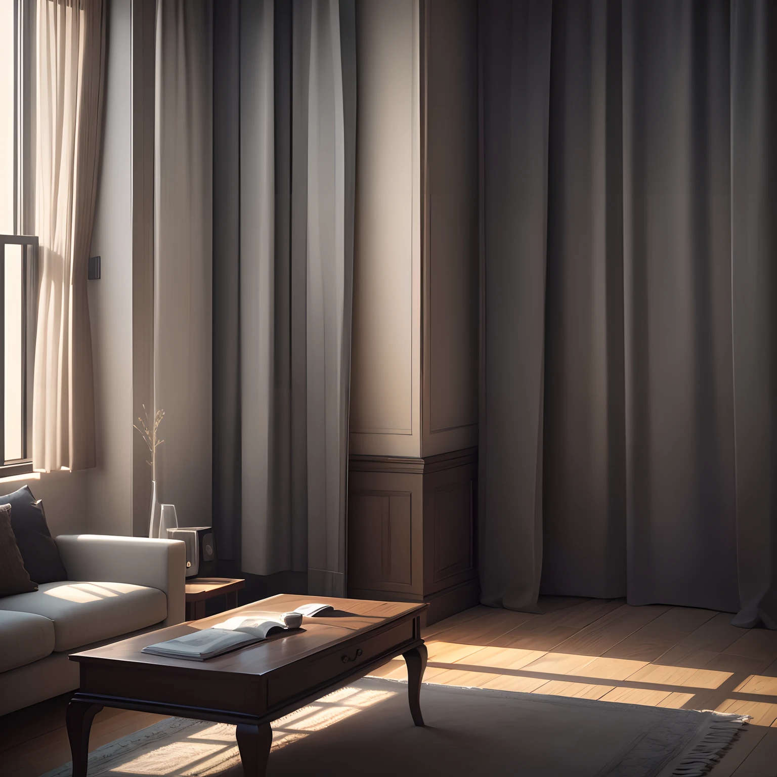 room, thick curtains, blackout curtains, dark gray, interior, interior design, modern, closed curtains, night, dark environment, (masterpiece),(high quality), best quality, real, (realistic), super detailed, (full detail),(4k),8k