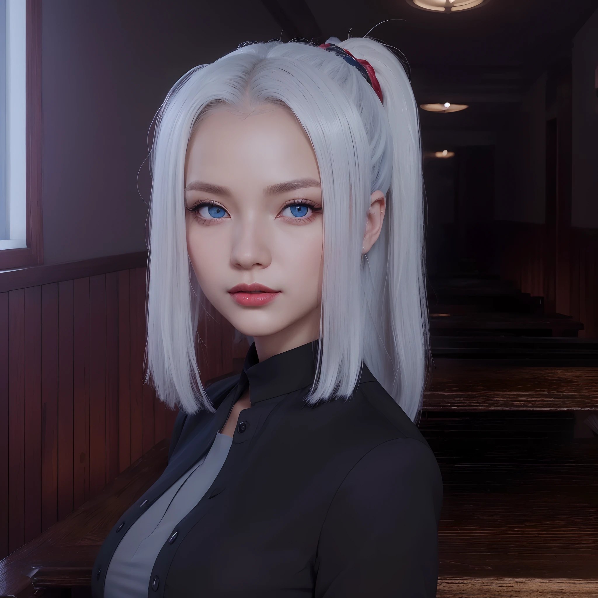 ((masterpiece)), ((best quality)), ((highres)), ((detailed background)), ((extremely detailed CG unity 8k wallpaper)),, shiona, white hair, long hair tied up, blue eyes, red lips,women office clothes,adult famale,asian eyes