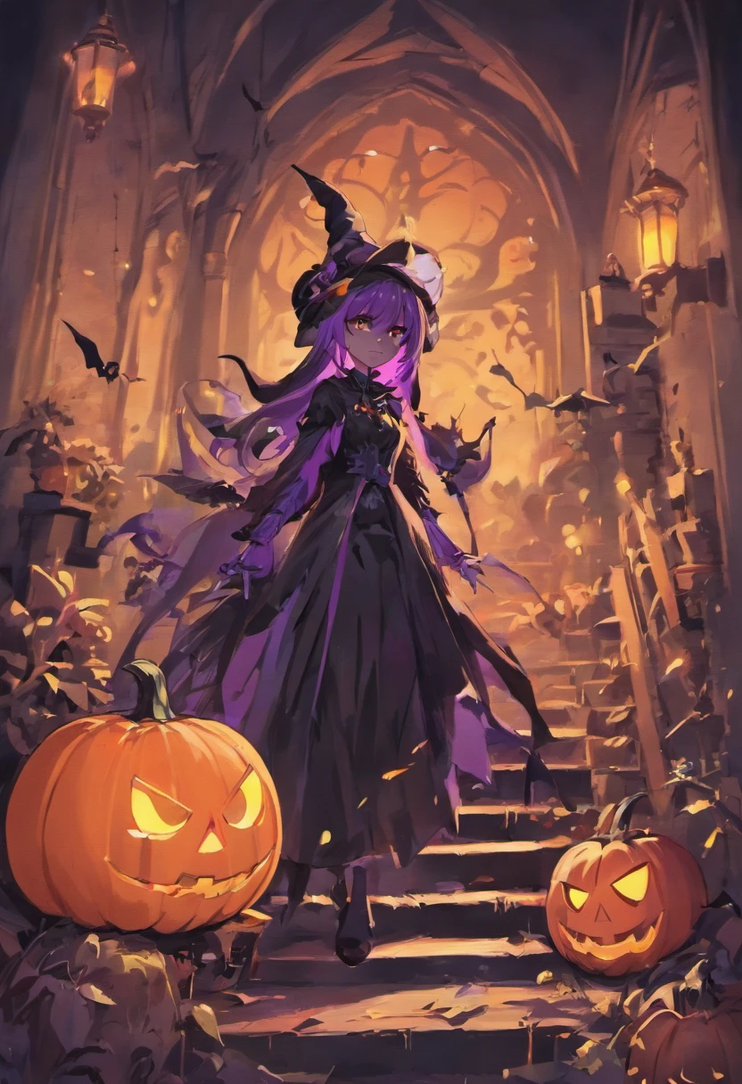 Halloween Elements, Digital Art: Black bat, Spooky pumpkin ghost, Spooky Moon, Ghost Broom, Purple Line Witch Talking Hat, Spider with yellow and black stripes, Witch's Castle, Magic black background, Minimalistic images with exclusive sticker illustrations