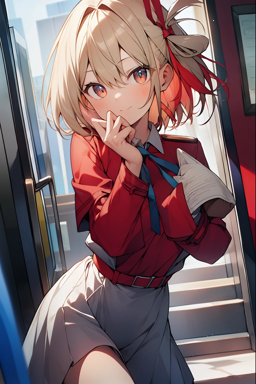 chisatonishikigi, nishikigi chisato, short hair, bangs, blonde hair, (red eyes:1.5), hair ribbon, one side up, bob cut,
BREAK shirt, long sleeves, dress, ribbon, white shirt, collared shirt, belt, neck ribbon, red dress, blue ribbon, pleated dress, grey dress, two-tone dress, red belt, lycoris uniform,,
BREAK outdoors, city,
BREAK looking at viewer, BREAK (masterpiece:1.2), best quality, high resolution, unity 8k wallpaper, (illustration:0.8), (beautiful detailed eyes:1.6), extremely detailed face, perfect lighting, extremely detailed CG, (perfect hands, perfect ???????),