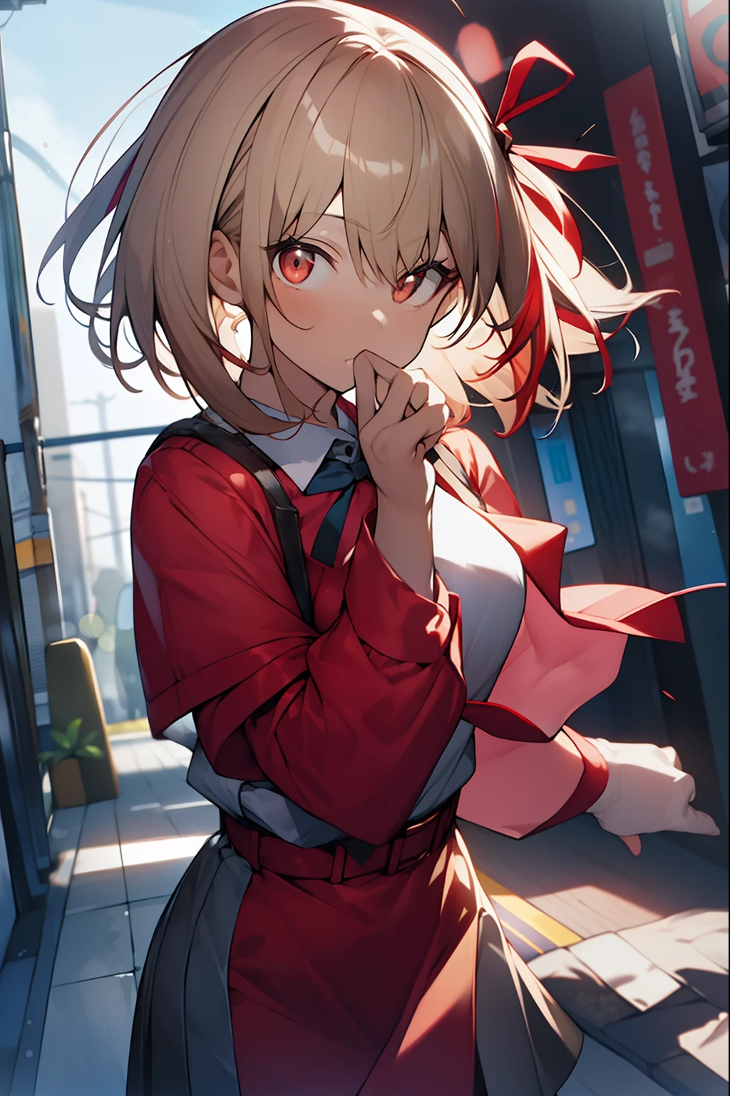 chisatonishikigi, nishikigi chisato, short hair, bangs, blonde hair, (red eyes:1.5), hair ribbon, one side up, bob cut,
BREAK shirt, long sleeves, dress, ribbon, white shirt, collared shirt, belt, neck ribbon, red dress, blue ribbon, pleated dress, grey dress, two-tone dress, red belt, lycoris uniform,,
BREAK outdoors, city,
BREAK looking at viewer, BREAK (masterpiece:1.2), best quality, high resolution, unity 8k wallpaper, (illustration:0.8), (beautiful detailed eyes:1.6), extremely detailed face, perfect lighting, extremely detailed CG, (perfect hands, perfect anatomy),