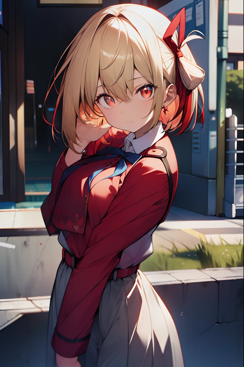 chisatonishikigi, nishikigi chisato, short hair, bangs, blonde hair, (red eyes:1.5), hair ribbon, one side up, bob cut,
BREAK shirt, long sleeves, dress, ribbon, white shirt, collared shirt, belt, neck ribbon, red dress, blue ribbon, pleated dress, grey dress, two-tone dress, red belt, lycoris uniform,,
BREAK outdoors, city,
BREAK looking at viewer, BREAK (masterpiece:1.2), best quality, high resolution, unity 8k wallpaper, (illustration:0.8), (beautiful detailed eyes:1.6), extremely detailed face, perfect lighting, extremely detailed CG, (perfect hands, perfect anatomy),