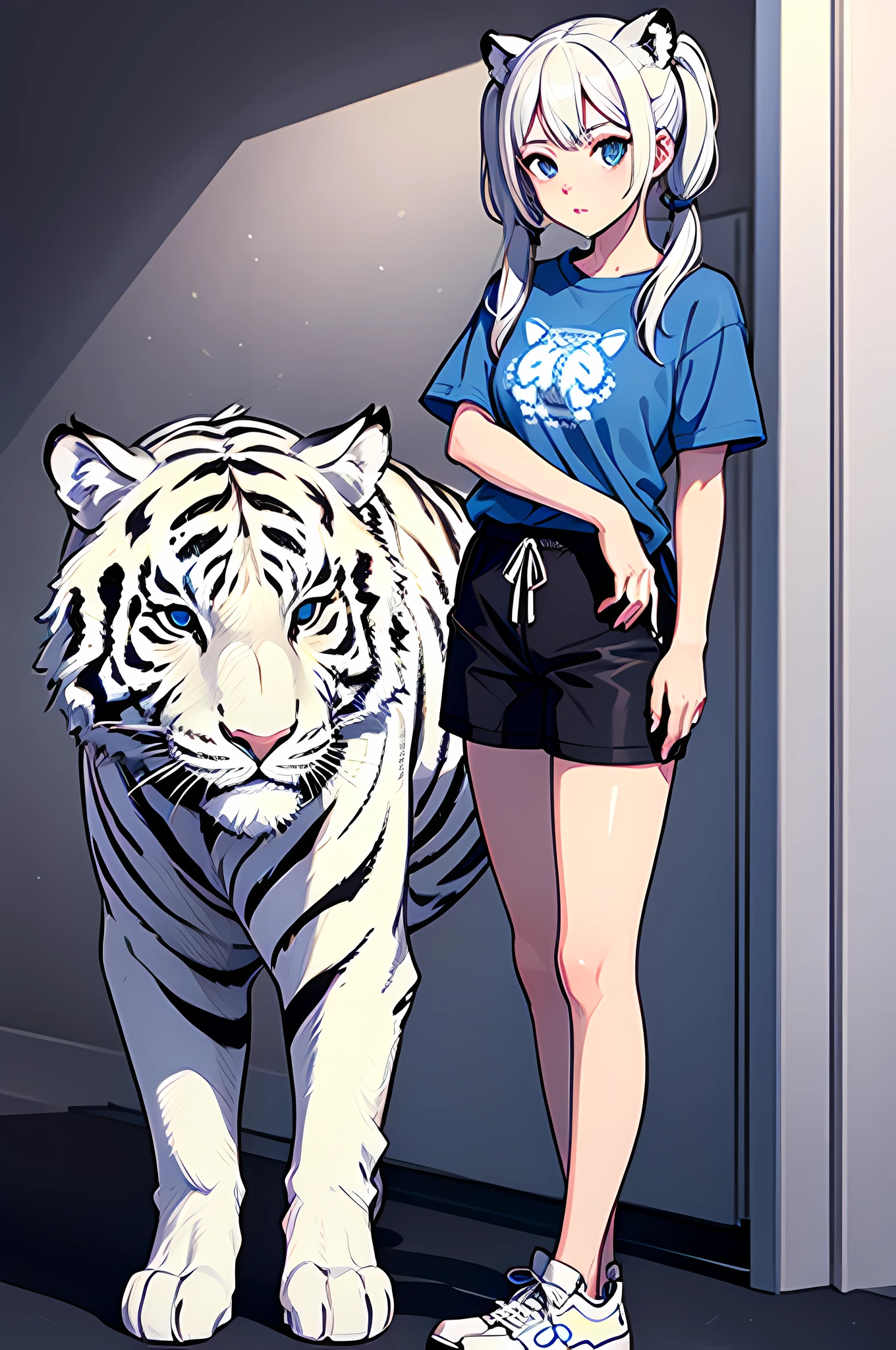 best quality,masterpiece,original,extremely detailed wallpaper,anime style,looking at viewer,1girl,solo,white hair,long hair,straight hair,twintails,(white tiger head print on blue shirt),short sleeves,black short pants,white sneakers,standing,