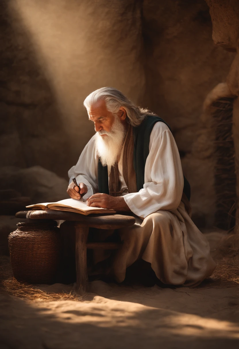 adrão
11:32:17
Develop an ultra-realistic image of an Old Testament prophet in a moment of reflection, Imagine him writing a scroll in a rustic setting.