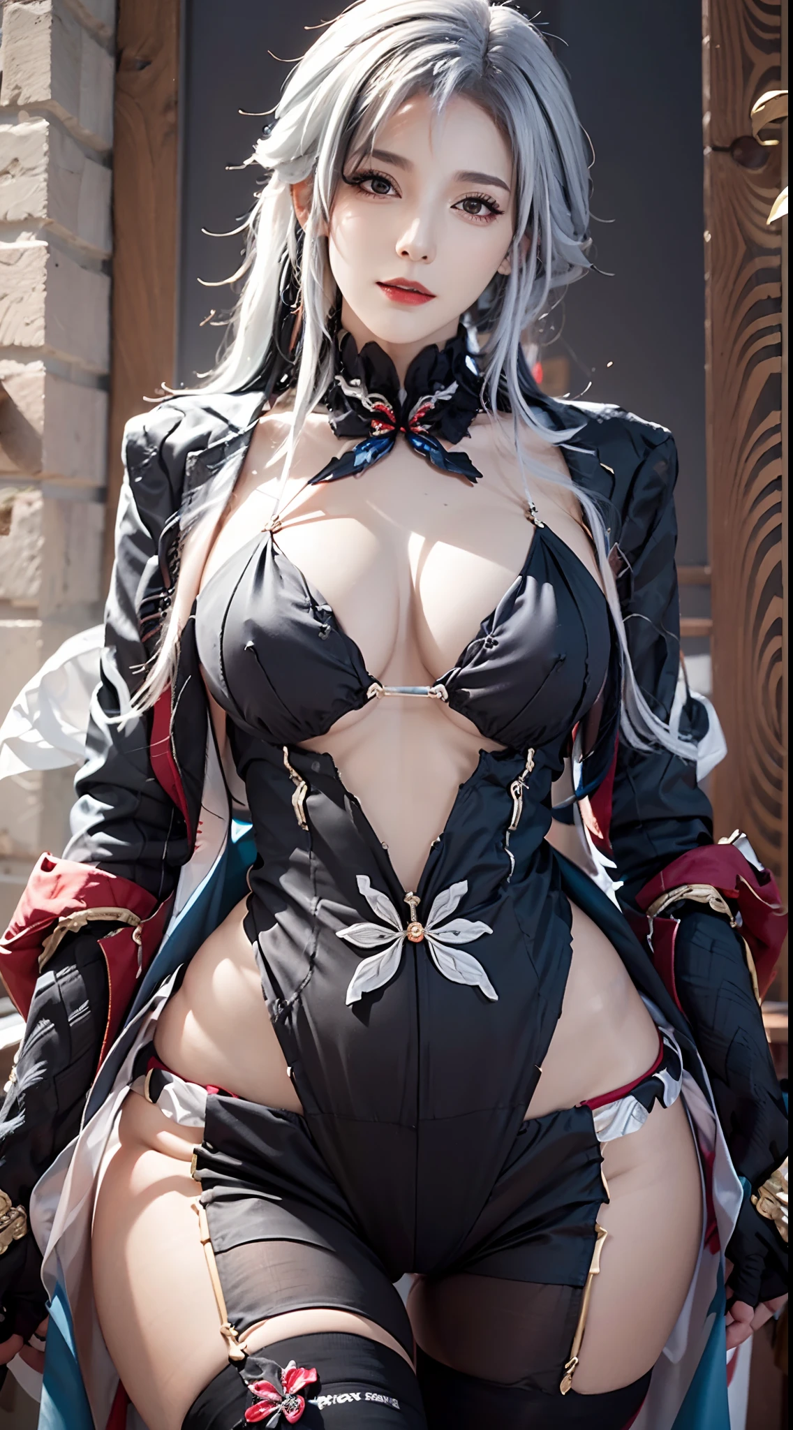 photorealistic,high resolution,soft light,1women,hips up, tall woman, white hair, black hair, multicolored hair, black eyes, arle_suit, arlecchino \(genshin impact\), multicolored hair
