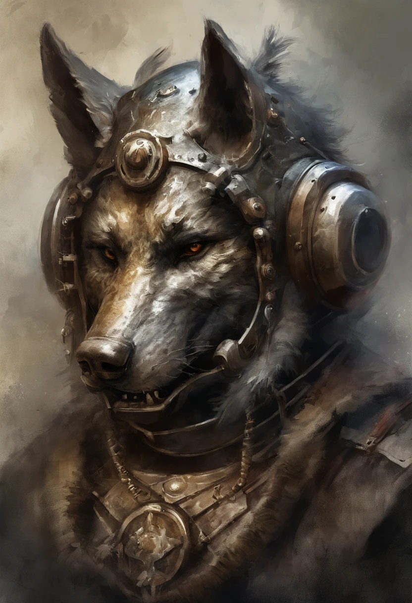 HighestQuali, Dramatic lighting, menacing posture, Fierce expression, Epic atmosphere, (((Wolf head shaped helmet))), (((Full body shot))),Wolf made of metal, Cyborg, Cyberpunk Style, Clockwork, ((Intricate details)), hdr, ((Intricate details, ultra - detailed)), Incandescent Lamps, cinema shot, Vignette, Bokeh effect Baker ground, (canid), (Full body shot).