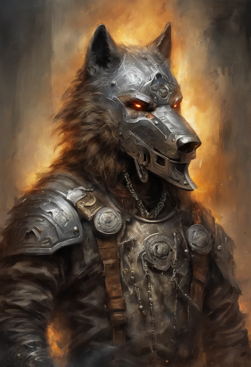 HighestQuali, Dramatic lighting, menacing posture, Fierce expression, Epic atmosphere, (((Wolf head shaped helmet))), (((Full body shot))),Wolf made of metal, Cyborg, Cyberpunk Style, Clockwork, ((Intricate details)), hdr, ((Intricate details, ultra - detailed)), Incandescent Lamps, cinema shot, Vignette, Bokeh effect Baker ground, (canid), (Full body shot).
