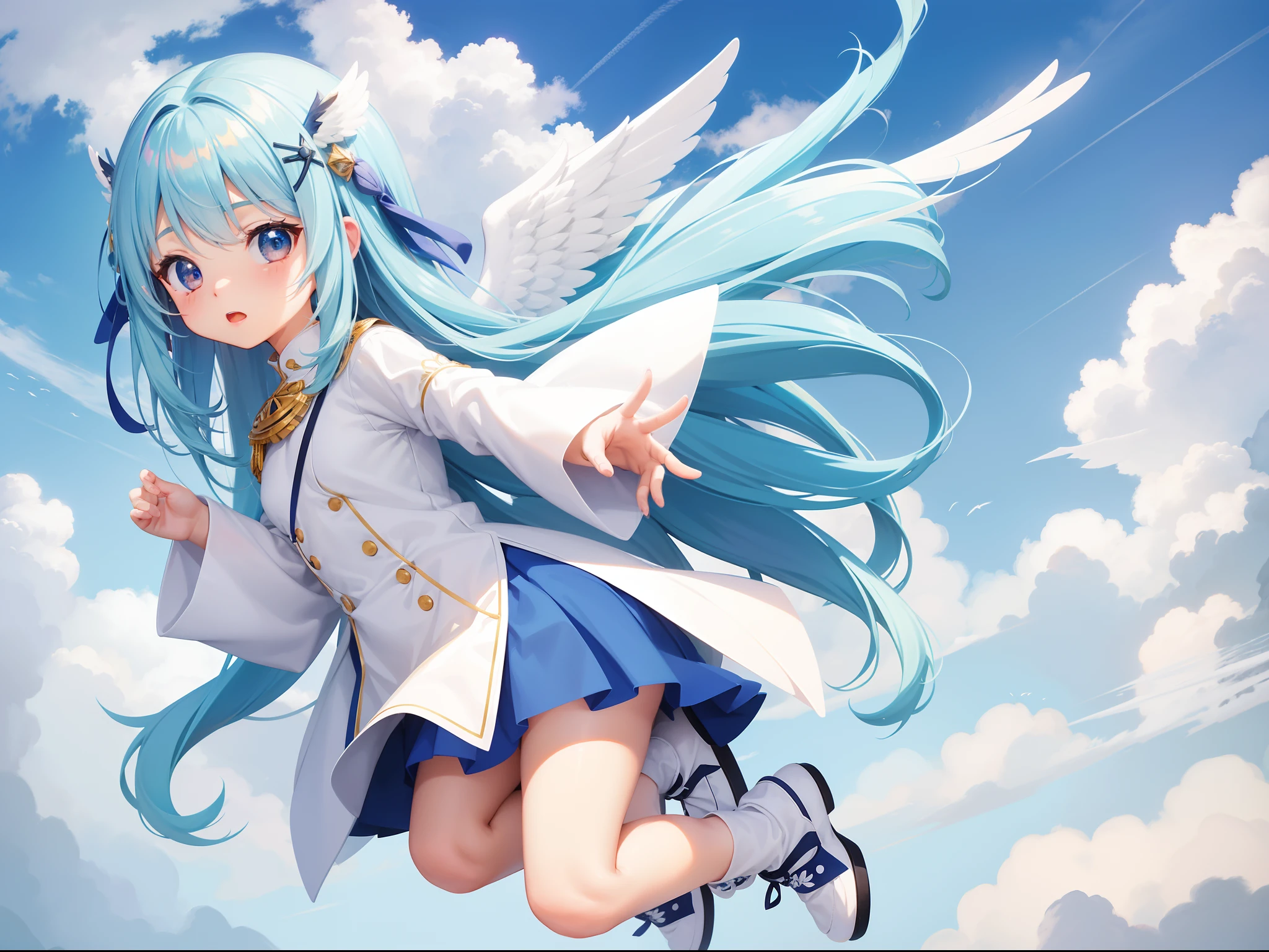 Girl Character With the Wings of an Angel、Flying in the sky。snow mountains々Looks。long hair with blue hair((Chibi Chara))、Red and white costume、girl with、Chibi Chara、full body Esbian、Pastel colors hair、masutepiece、top-quality、Bigger in the center