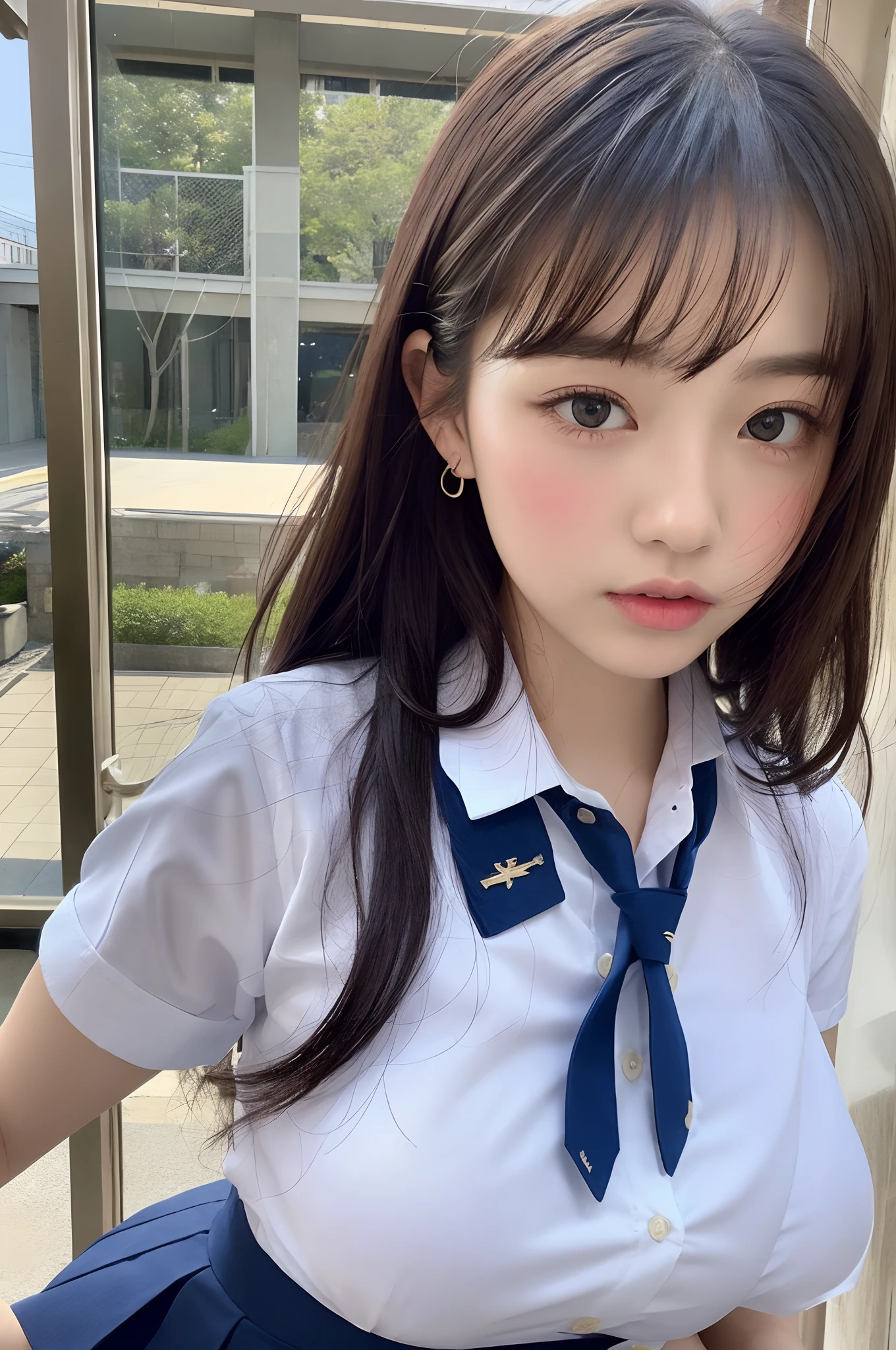 japanaese girl、Teen Girls、perfect body type、Transparency、Transcendent big breasts、School Uniforms、Navy blue tie、Navy blue skirt、Light blue shirt、hposing Gravure Idol、waterside、Fancy makeup