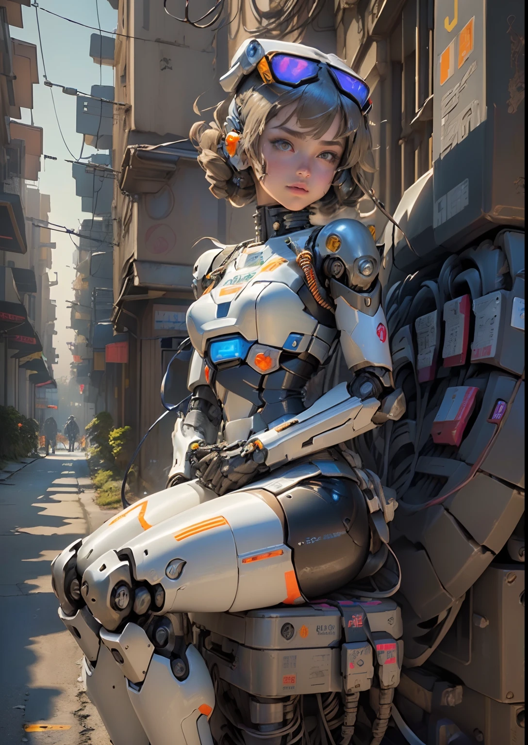 1girl , street, futuristic , ((police mecha)) (((masterpiece*portrait))), face focus, QR code, barcode, ((((best quality)))), (((ultra-detailed))), (highly detailed CG illustration), ((maid mecha robot)),(cute delicate face),cinematic light,((1mechanical girl)),solo,full body,(machine made joints:1.4),((machanical limbs)),(blood vessels connected to tubes),((mechanical vertebra attaching to back)),((mechanical cervial attaching to neck)),((sitting)),expressionless,(wires and cables attaching to head and body:1.5),(character focus),science fiction,  ((RATING:SAFE))