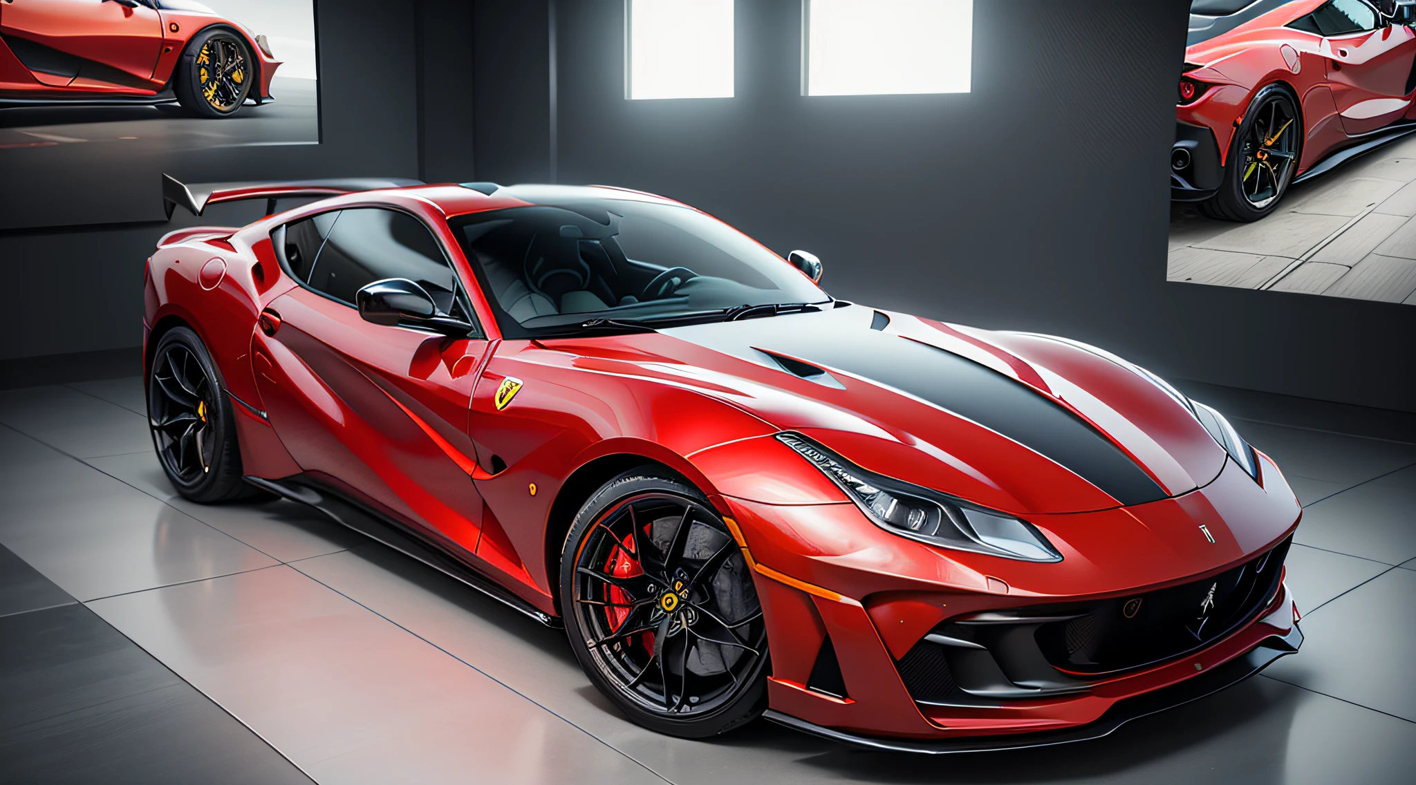 2023 Ferrari 812 GTS,close-up photo,Photography,clear facial features,car inner view, cushion, sterling, rpm meter,character concept art,Assembly Drawing,360 panorama,full body,cinematic shot,film lighting,