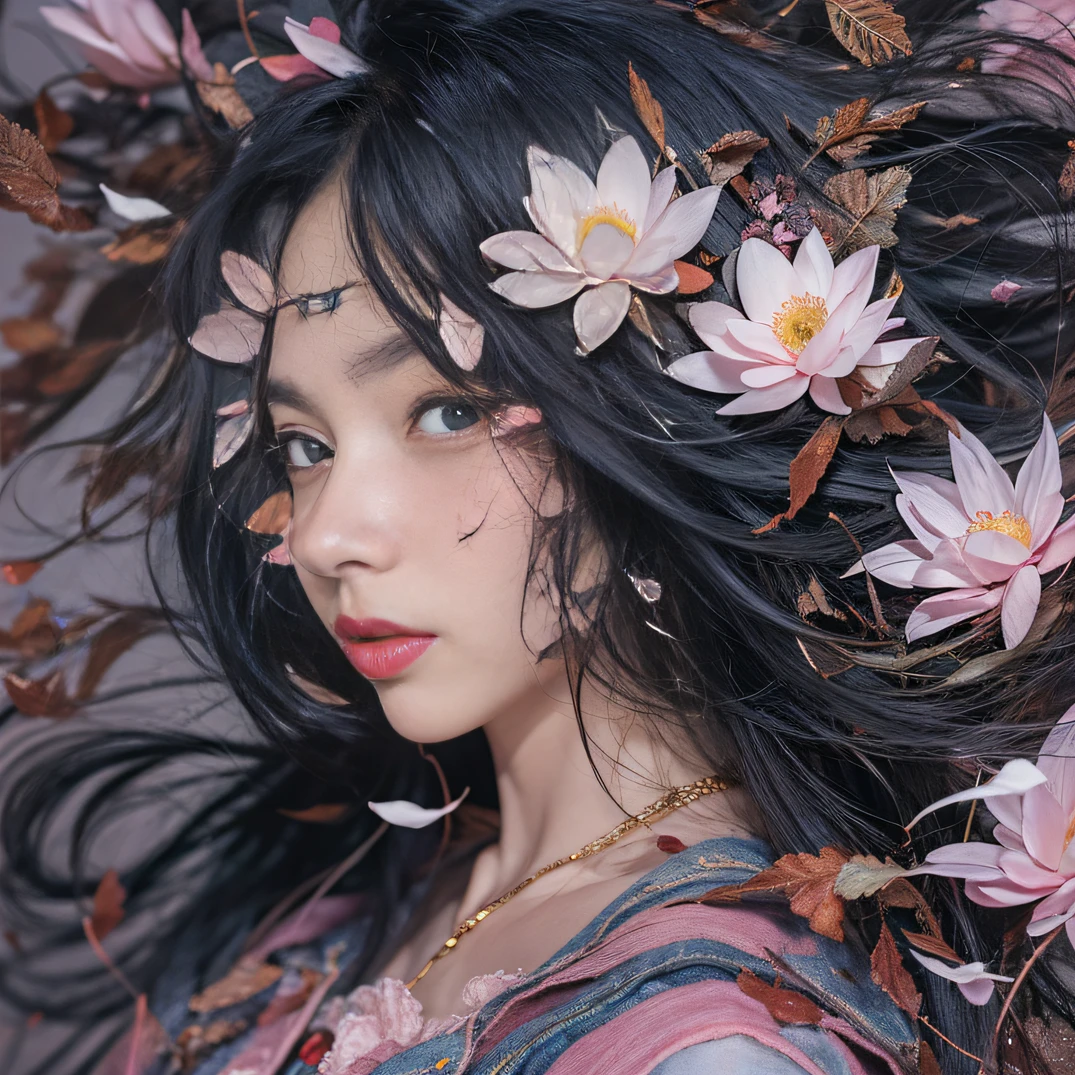 Gold backstop 32K(tmasterpiece,k hd,hyper HD,32K)Long flowing black hair,ponds,zydink, a color, Aozhou people (Concubine girl), (Purple silk scarf), Combat posture, looking at the ground, long whitr hair, Floating hair, Carp pattern headdress, Chinese long-sleeved clothing, (Abstract gouache splash:1.2), Pink petal background,Pink and white lotus flowers fly(realisticlying:1.4),Black color hair,Fallen leaves flutter,The background is pure, A high resolution, the detail, RAW photogr, Sharp Re, Nikon D850 Film Stock Photo by Jefferies Lee 4 Kodak Portra 400 Camera F1.6 shots, Rich colors, ultra-realistic vivid textures, Dramatic lighting, Unreal Engine Art Station Trend, cinestir 800,Long flowing black hair,Denim skirt