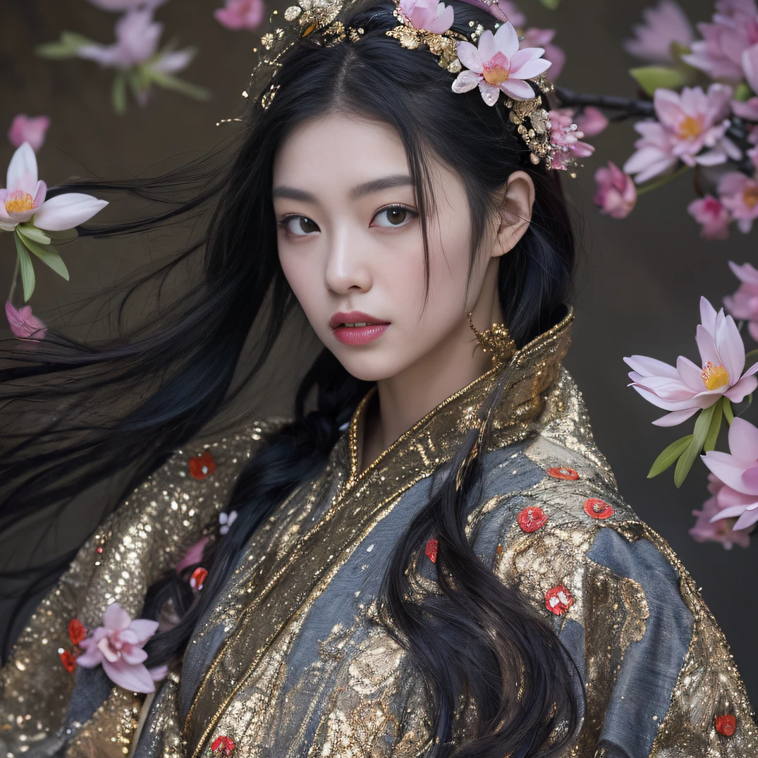 Gold backstop 32K（tmasterpiece，k hd，hyper HD，32K）Long flowing black hair，ponds，zydink， a color， Aozhou people （Concubine girl）， （Purple silk scarf）， Combat posture， looking at the ground， long whitr hair， Floating hair， Carp pattern headdress， Chinese long-sleeved clothing， （Abstract gouache splash：1.2）， Pink petal background，Pink and white lotus flowers fly（realisticlying：1.4），Black color hair，Fallen leaves flutter，The background is pure， A high resolution， the detail， RAW photogr， Sharp Re， Nikon D850 Film Stock Photo by Jefferies Lee 4 Kodak Portra 400 Camera F1.6 shots, Rich colors, ultra-realistic vivid textures, Dramatic lighting, Unreal Engine Art Station Trend, cinestir 800，Long flowing black hair，Denim skirt