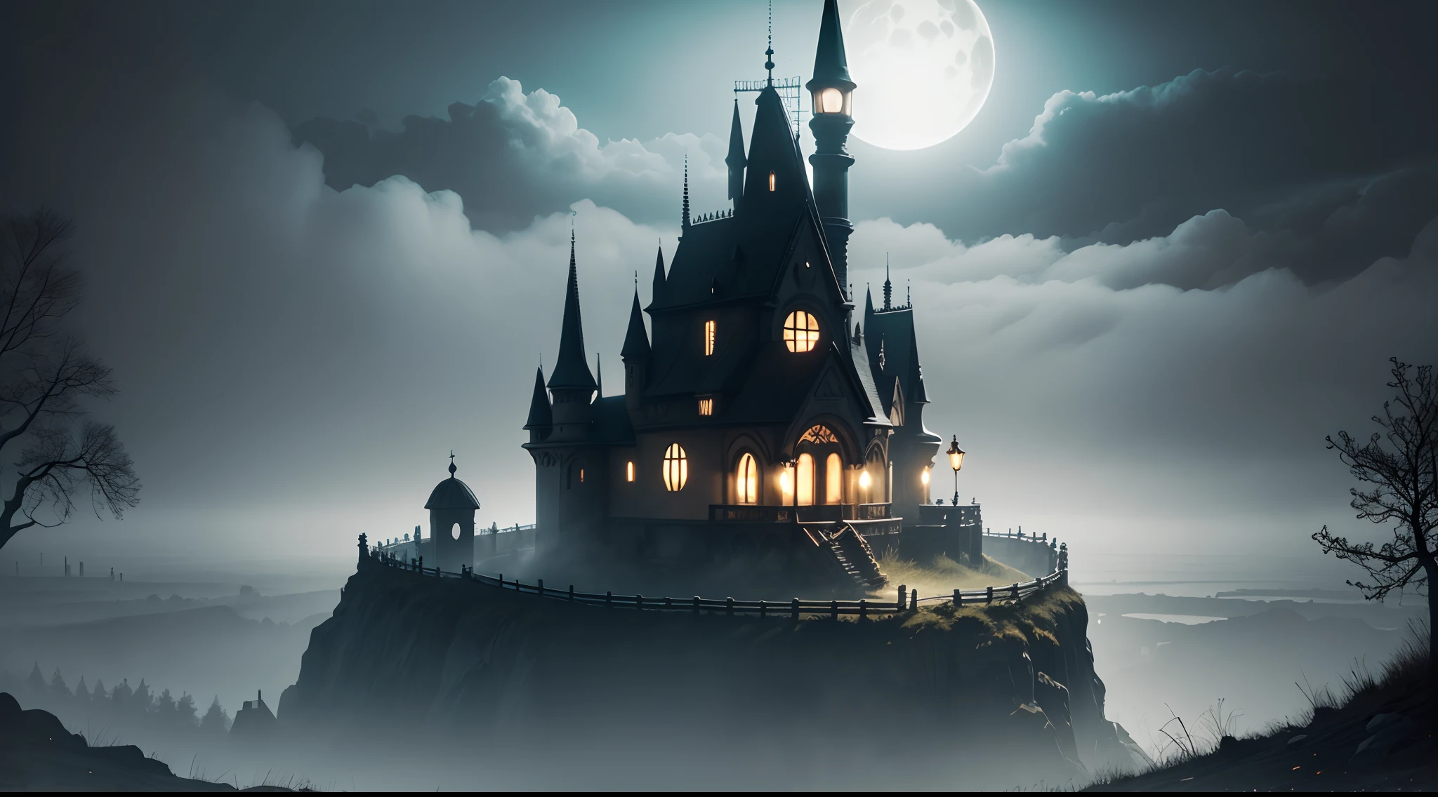 scenecy,borgar,darkly,Gothic,Faraway view,the night,lamplight,Fog,1 crow