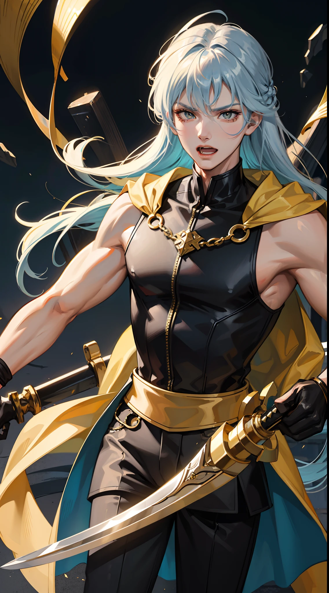 Grown-up guy, Long white-blue hair, yellow eyes, muscles, smirk, open mouth, black mercenary form, sword, sleeveless, gold elements, Masterpiece, hiquality, higly detailed, HD, 4k