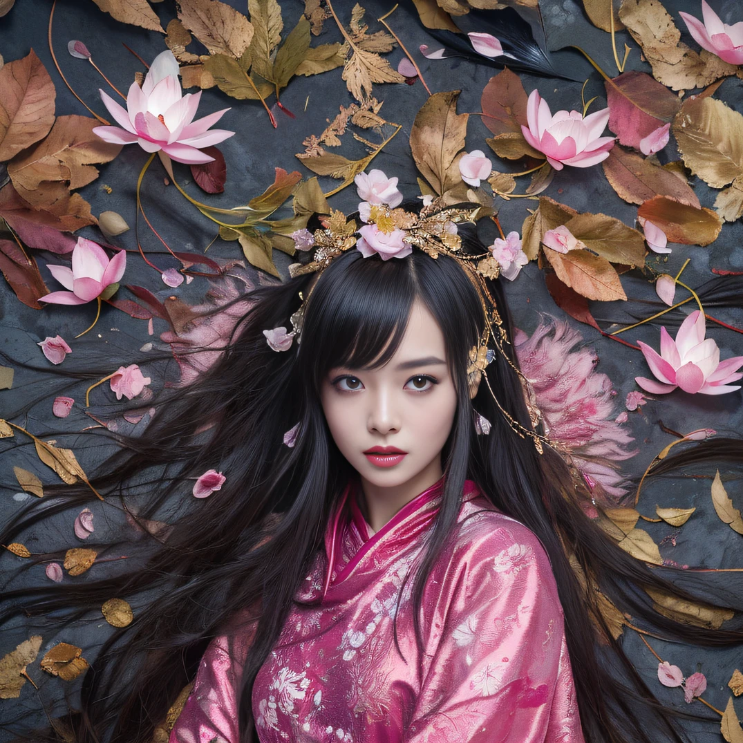 Gold backstop 32K(tmasterpiece,k hd,hyper HD,32K)Long flowing black hair,ponds,zydink, a color, Aozhou people (Concubine girl), (Purple silk scarf), Combat posture, looking at the ground, long whitr hair, Floating hair, Carp pattern headdress, Chinese long-sleeved clothing, (Abstract gouache splash:1.2), Pink petal background,Pink and white lotus flowers fly(realisticlying:1.4),Black color hair,Fallen leaves flutter,The background is pure, A high resolution, the detail, RAW photogr, Sharp Re, Nikon D850 Film Stock Photo by Jefferies Lee 4 Kodak Portra 400 Camera F1.6 shots, Rich colors, ultra-realistic vivid textures, Dramatic lighting, Unreal Engine Art Station Trend, cinestir 800,Long flowing black hair,Denim skirt