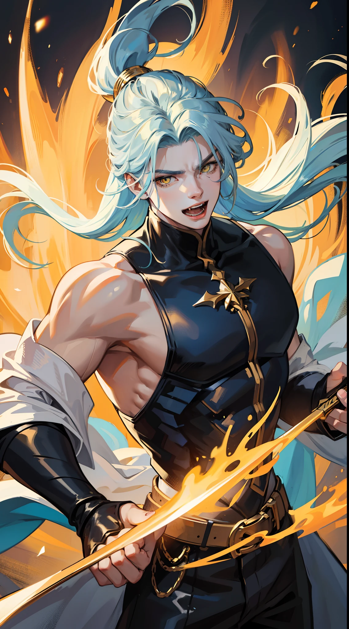 Grown-up guy, Long white-blue hair, yellow eyes, muscles, smirk, open mouth, black mercenary form, sword, sleeveless, gold elements, Masterpiece, hiquality, higly detailed, HD, 4k