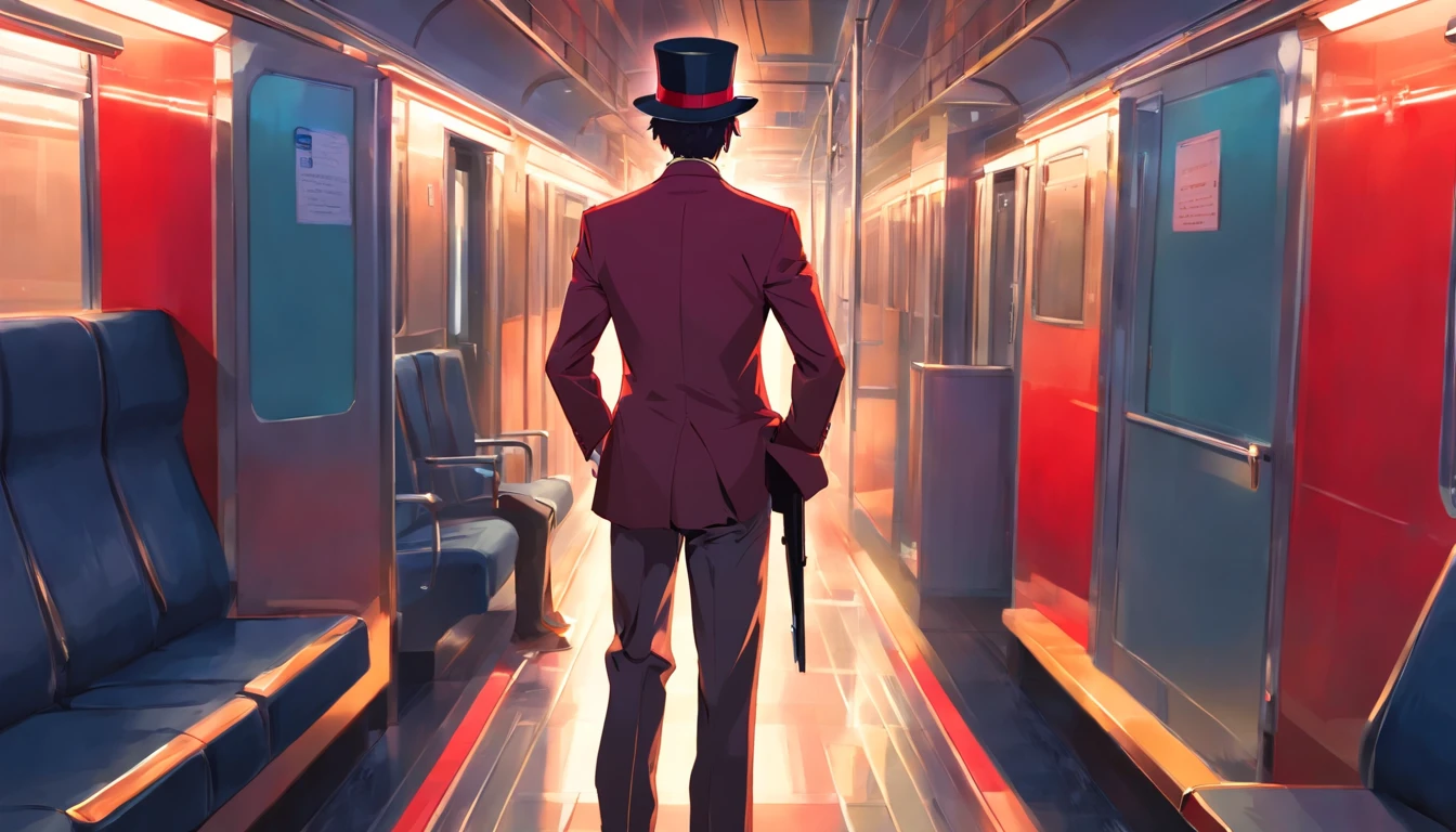 tmasterpiece,ultra-clear,High-gloss dark style,a red silhouette of a man with a suit and a top hat holding a red knife in a empty train