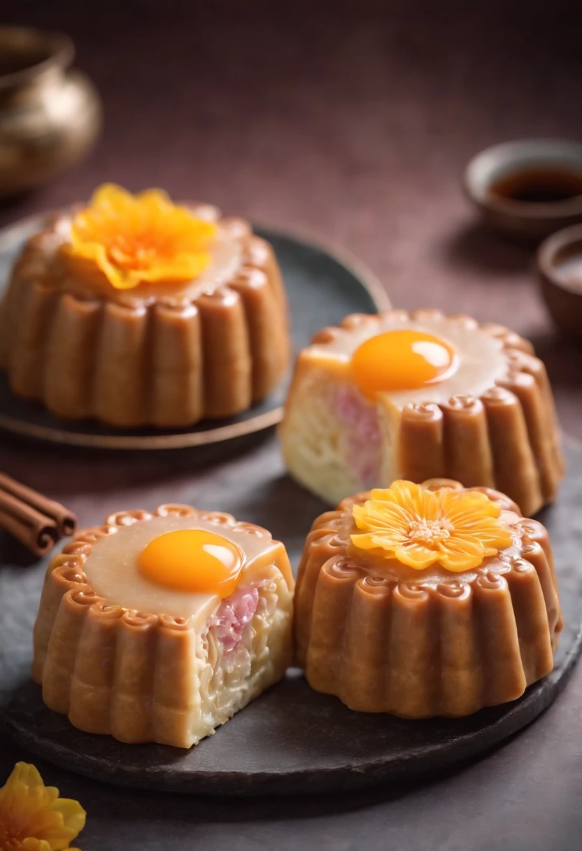 Intricate Mooncake cut half with pinky sakura fillings and 3 salty egg yolks inside the pinky filling