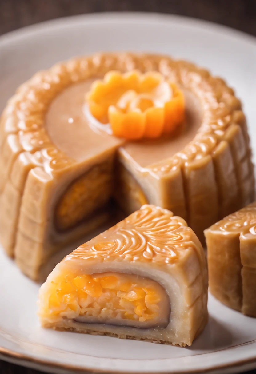 Intricate Mooncake cut half with pinky sakura fillings and 3 salty egg yolks inside the pinky filling