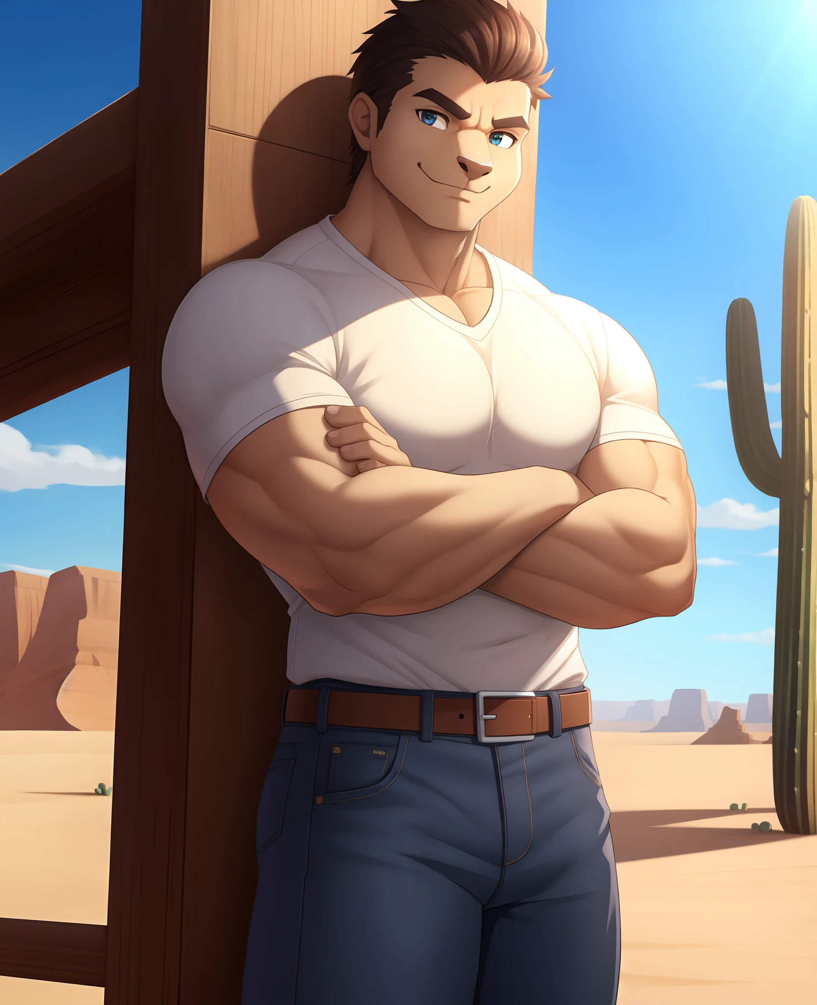 leo alvarez, muscular, bara, (posing:1.3), (soft shading), 4k, hi res, five fingers, detailed hands, ((detailed face, (detailed eyes:1.0), detailed)), by zackarry911, by zaush, (by personalami:0.5), solo, looking at viewer, smile, shirt, 1boy, desert, cactus, male focus, cowboy shot, belt, pants, black shirt, crossed arms, denim, jeans