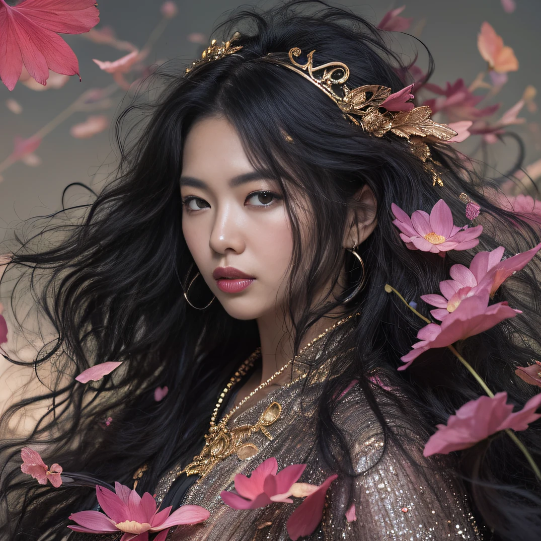 Golden Lion Tailgate 32K(tmasterpiece,k hd,hyper HD,32K)Long flowing black hair,ponds,zydink, a color, Ao Zhou Lion (Lion Girl), (Purple silk scarf), Combat posture, looking at the ground, long whitr hair, Floating hair, Lion pattern tiara, Chinese long-sleeved clothing, (Abstract gouache splash:1.2), Pink petal background,Pink and white lotus flowers fly(realisticlying:1.4),Black color hair,Fallen leaves flutter,The background is pure, A high resolution, the detail, RAW photogr, Sharp Re, Nikon D850 Film Stock Photo by Jefferies Lee 4 Kodak Portra 400 Camera F1.6 shots, Rich colors, ultra-realistic vivid textures, Dramatic lighting, Unreal Engine Art Station Trend, cinestir 800,Long flowing black hair,Cowboy awakens lion