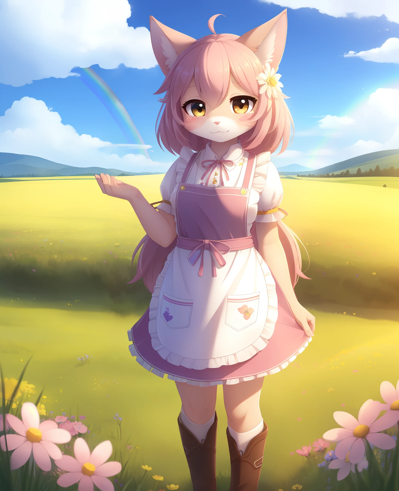 (masterpiece, best quality, highres, ultra detailed:1.2), (solo, 1girl, furry female, cowboy shot), reese_(ac), pink fur, apron, blush stickers, (rainbow, clouds, meadow, flower field:1.1)