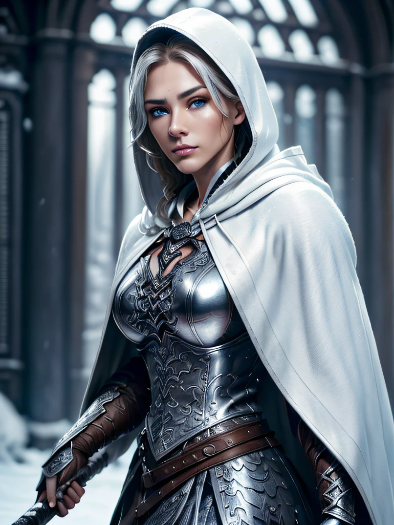 （top-quality、high detailing）、4/5 shots、Portrait of a 40-year-old adult female Viking、tall、Strong physique、the perfect body、Thighs with raised muscles、Silver warrior armor with fur collar、(((Wearing a white hood)))、Carrying a big sword on your back、Focus on the face、Calm look、Big blue eyes、Detailed face and eyes、Sharp eyes、Golden Shorthair、Walking slowly towards us、Detailed hand depiction、Winter morning、Oyuki、Snow-covered roads、Medieval city gate behind、Fantasyart、dark fantasy vibe、Combat stance、Dynamic action