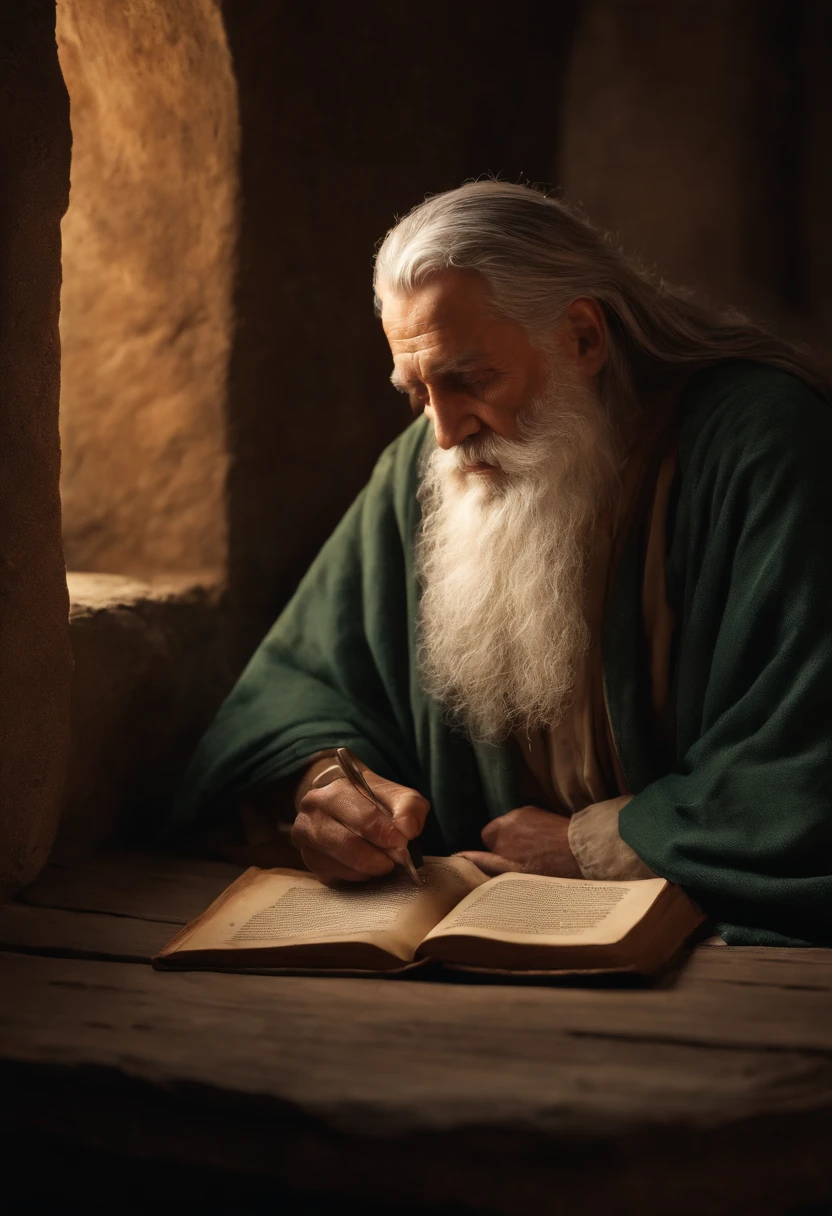 Develop an ultra-realistic image of an Old Testament prophet in a moment of reflection, Imagine him writing a scroll in a rustic setting.