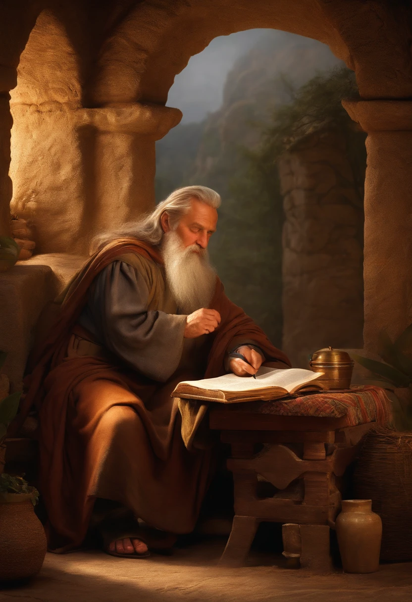 Develop an ultra-realistic image of an Old Testament prophet in a moment of reflection, Imagine him writing a scroll in a rustic setting.