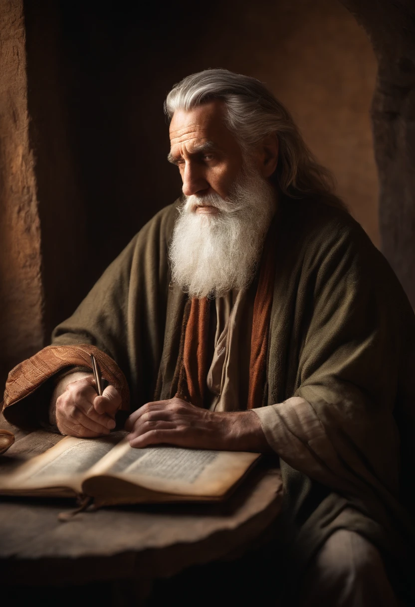 Develop an ultra-realistic image of an Old Testament prophet in a moment of reflection, Imagine him writing a scroll in a rustic setting.