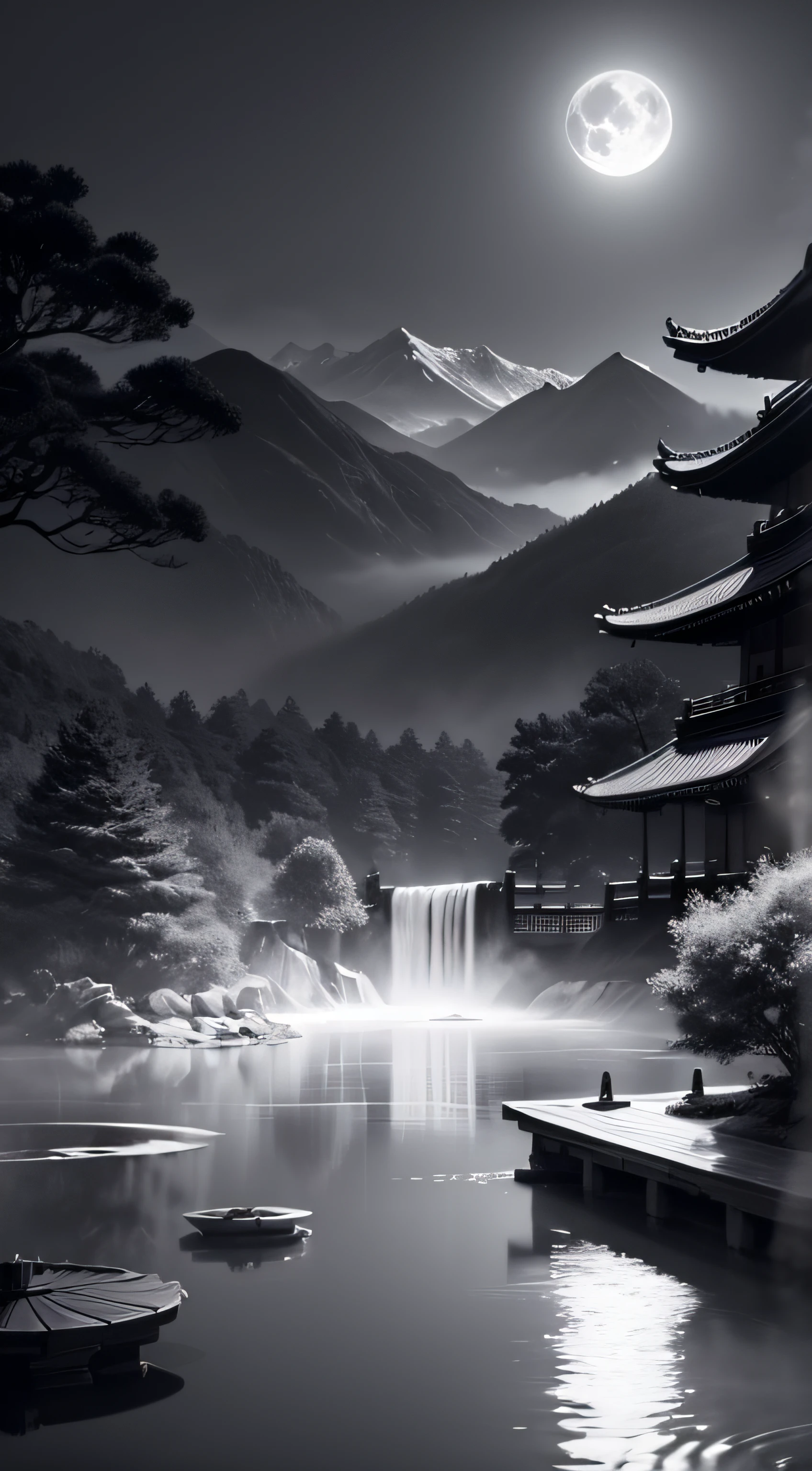 masterpiece,best quality,Chinese martial arts style,an asian night scene with lanterns and water lilies,asian pond with many lanterns and boatsa night scene with many lights and boats in the water, Lake surface, lotus flowers,beautiful night scene,(((Chinese martial arts style))), with vast sky, continuous mountains and steep cliffs, ink wash style, outline light, atmospheric atmosphere, depth of field, mist rising, bamboo, pine trees, octagonal stone pavilion, waterfall flowing water,big full moon,(No color) , Monochrome, light color,
