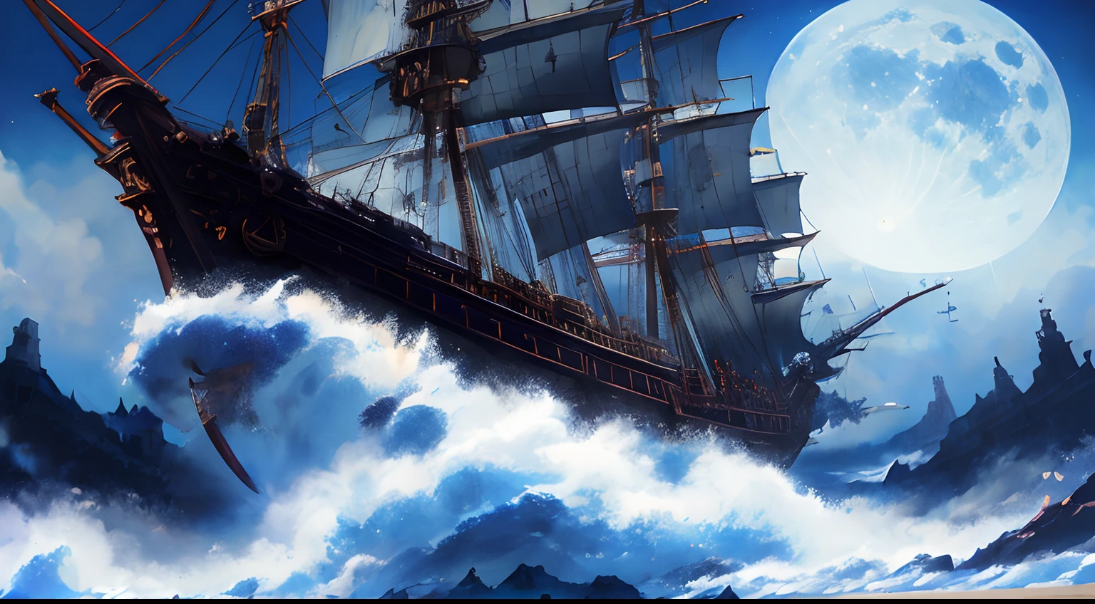 17th century、Wooden Pirate Ship、starrysky、Big Blue Moon、bombardment、In the style of Yoshitaka Amano and Hayao Miyazaki、masterpiece、Proportional、detaileds、trending on artstationh、realisitic、Convoluted、awardwinning、4K、Highest Quality
Award-winning 4K digital painting in the style of Yoshitaka Amano。With detailed and intricate depictions of the zombie apocalypse、It captures the chaos and drama of the scene brilliantly。This work has become a true masterpiece.、It's trending on art stations。