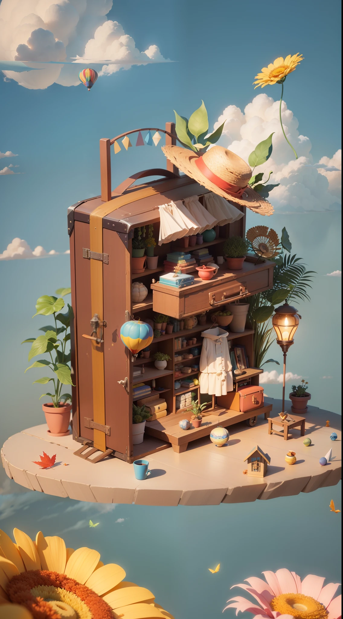 hot air balloon,There is a suitcase,There is a straw hat on top,Clouds,ambiance,leafs,Chrysanthemums floating in the air,Paper airplanes,(Miniatures:1.2),2.5D illustration,3Drenderingof,3D modeling,Bubble Matt, Trends in Behans 3D Art, Trend in Behans 3D art, 3 D 插图, 3d illustrations, 3 D 插图, Business Illustration, Cinema 4D color rendering, 3 d render stylized, Stylized digital illustration, 3D stylized scene, stylized 3d render