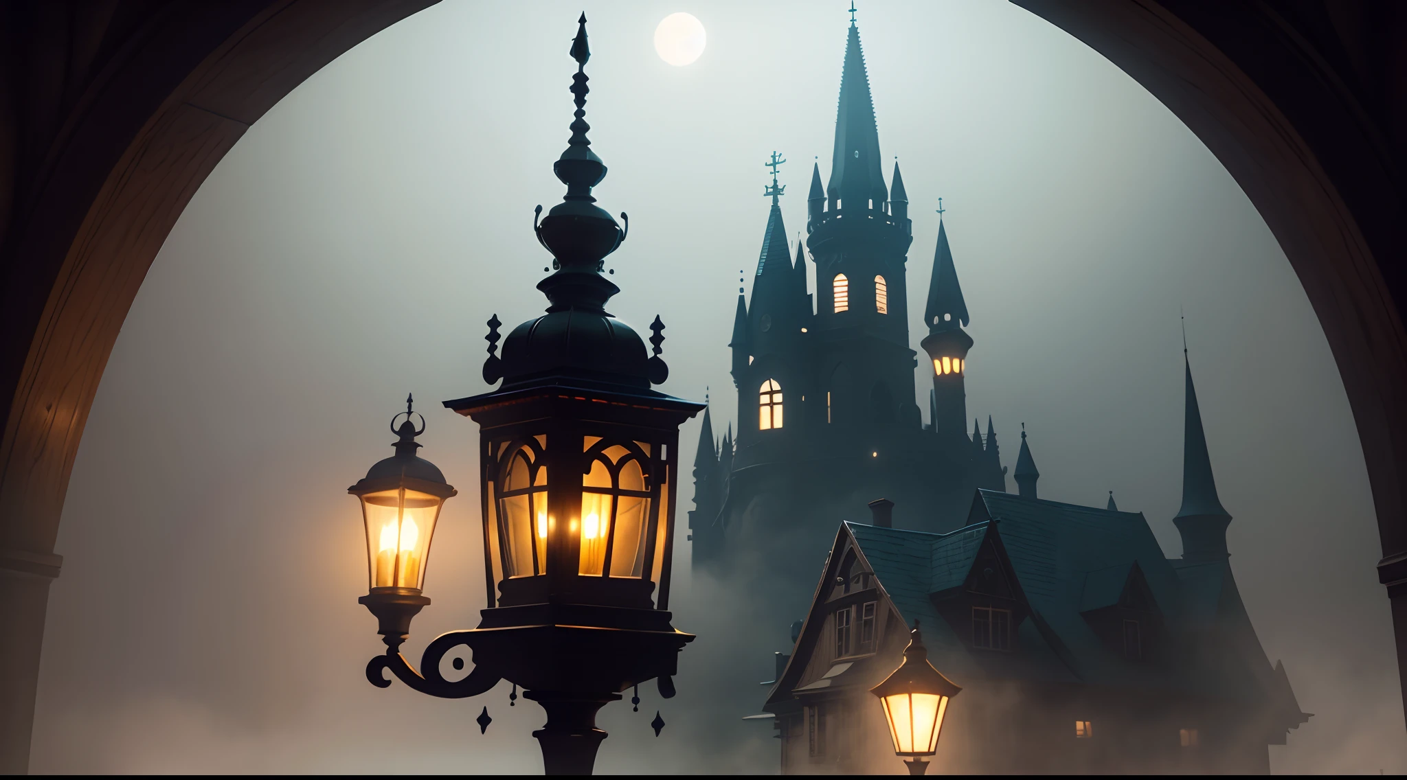 scenecy，borgar，darkly，Gothic，Faraway view，the night，lamplight，Fog，1 crow