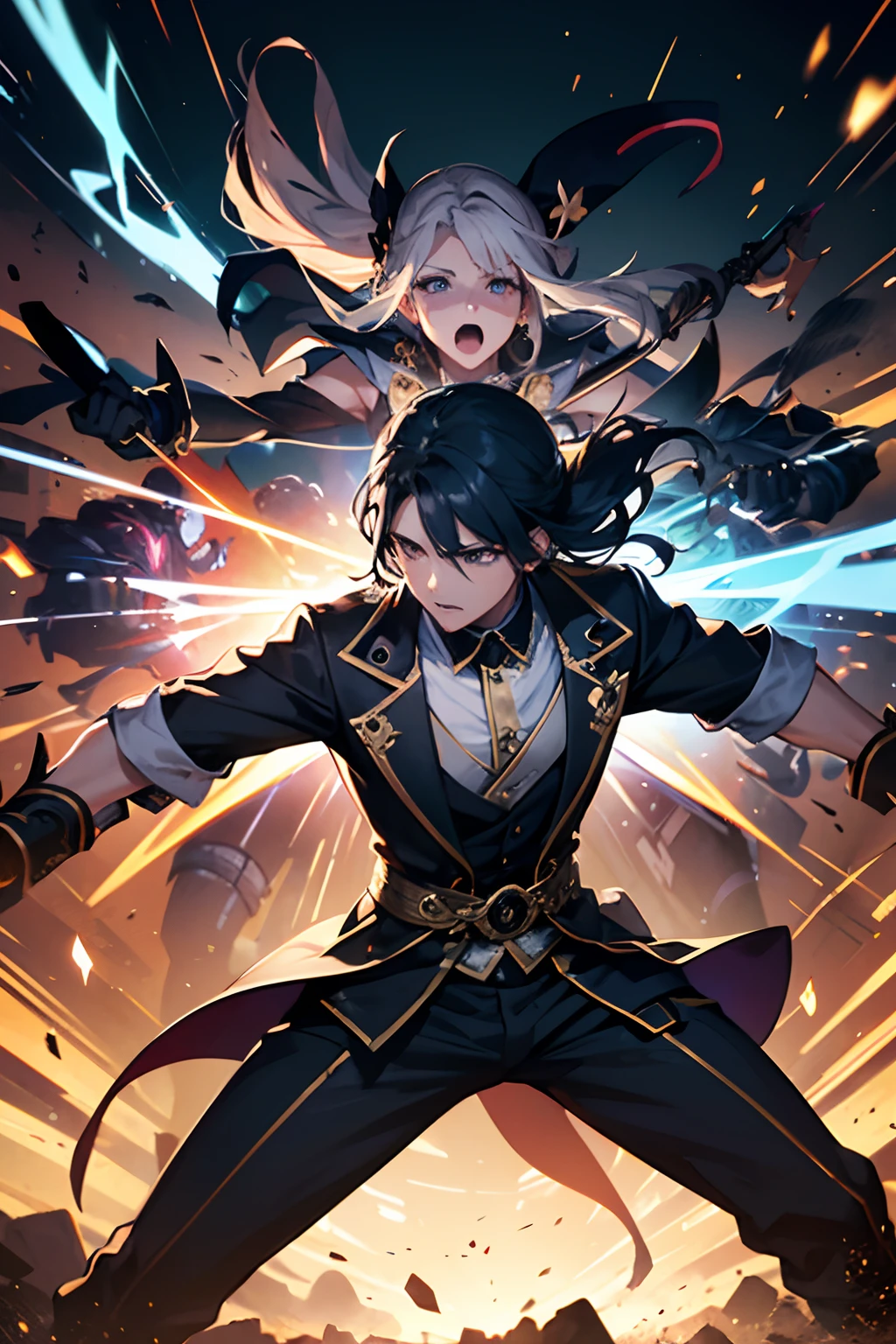 (La mejor calidad,4k,Altas Resoluciones:1.2),vivid colors,anime,action packed,Chica anime,Chico anime,Lucha de espadas atractiva,Espadas enfrentadas,Lucha agresiva,Pausa temporal,eye-catching visuals,emociones expresivas,Caracteres detallados,Paisaje de estilo anime,Energy movements,Poses fuertes,Exciting battle atmosphere,Masterful choreography,Espadas altamente detalladas,Fierce determination,Fast and dynamic action,Expresiones faciales llamativas,Duo full of emotions,Historia apasionante,Finely crafted character designs,Impressive attention to detail,Arte de fondo enriquecido,Impressive lighting effects,Superb fight sequence,Exciting climax,Energetic and passionate fighting choreography,Electrifying energy,Fascinating display of skill,Altamente inmersivo,Aesthetically and visually stunning,Escena inolvidable,giro impredecible de los acontecimientos,Narrativa intensa y cautivadora,Perfect blend of traditional and modern aesthetics,Meticulous attention to costume design,Attractive combination of darkness and vitality