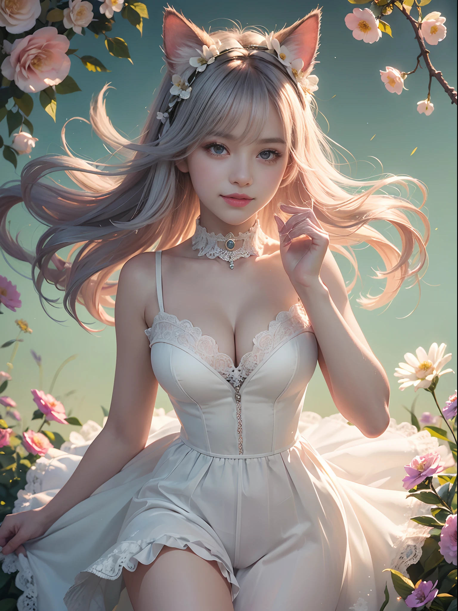 Unbeatable masterpiece, Ultra photo realsisim , Perfect artwork , Intricate details , Best quality , Strong light , High contrast , Dynamic pose , Dutch angle , ((Depth of field)) , (Botanical art background:1.3)) , fullbody , dynamic angle ,white background ((1 girl:1.2)) , chubby , long hair with onefrench braid , parted bangs , anime eyes , smile , cat ear , headband , cat tail , ribbon choker , paw pose , ((withruffled collar)) , ((ruffled lace)) , (cleavage) , (colorfulstreaked hair) , ((( gradient hair))) , ((flowerbackground:1.2)) , ((thousands of flowers:1.2)) , ((wind))neon light , ((painting , canvas , fine art)) , detailedHDR , portrait , 50mm , F/2.8 , 1m away