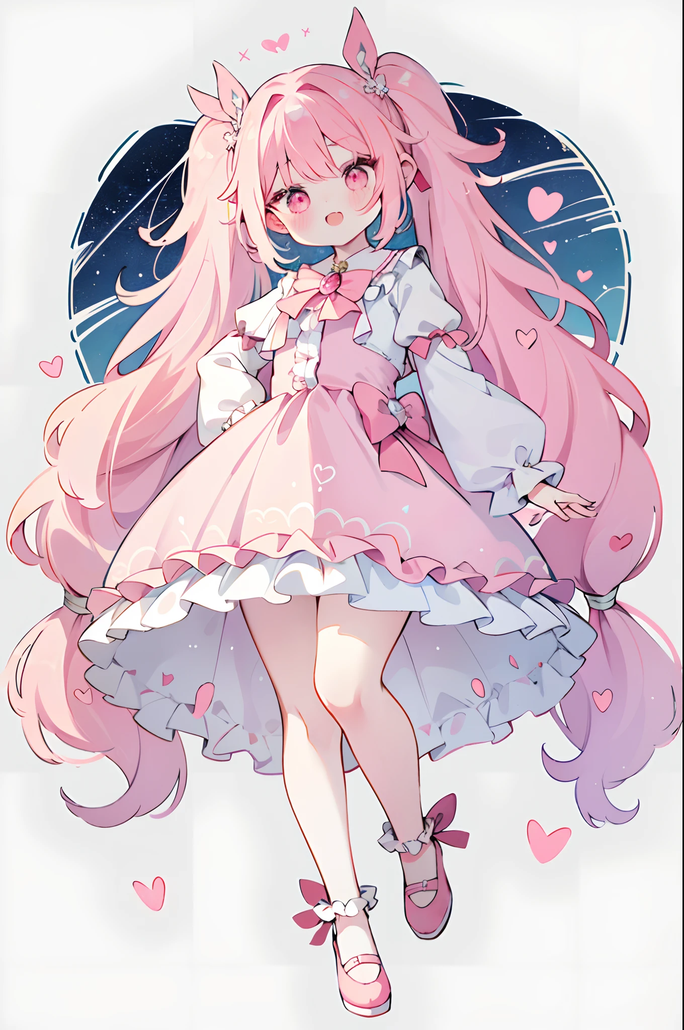azhiichigo style,big eyes, thick lines, cute,,uekura.KoiKo,,full body,.\(Style\):kawaii style,,..\(Composition\):\1girl,,..\(Appearance\): Consistency,naughty face,smile,wavy hair,twin tails hair,pink hair, crimson eye,..\(Clothing\):,(Clothes with lots of frills, lace and ribbons:1.2),(pastel color style:1.1),hand on hip,cheeky face,white and pink clothes,white and pink shoes,,..\(Behavior\):,..\(Location\): (surround,heart-shaped gem, starry heart),,..\(Quality\): best quality,masterpiece,,.,