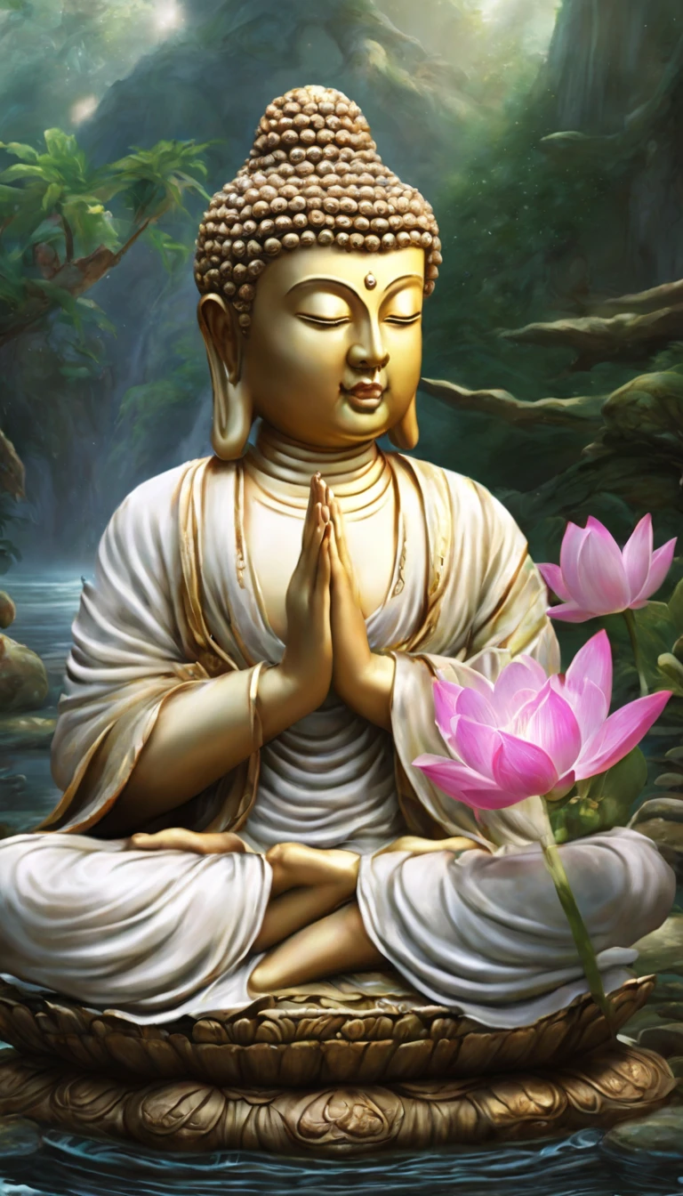 Masterpiece,Realistic depiction of Buddha statues, Pray with both hands,flowingwater,Lotus element,Bright light background,Ultra detail, Cinematic lighting, Ultra-high definition