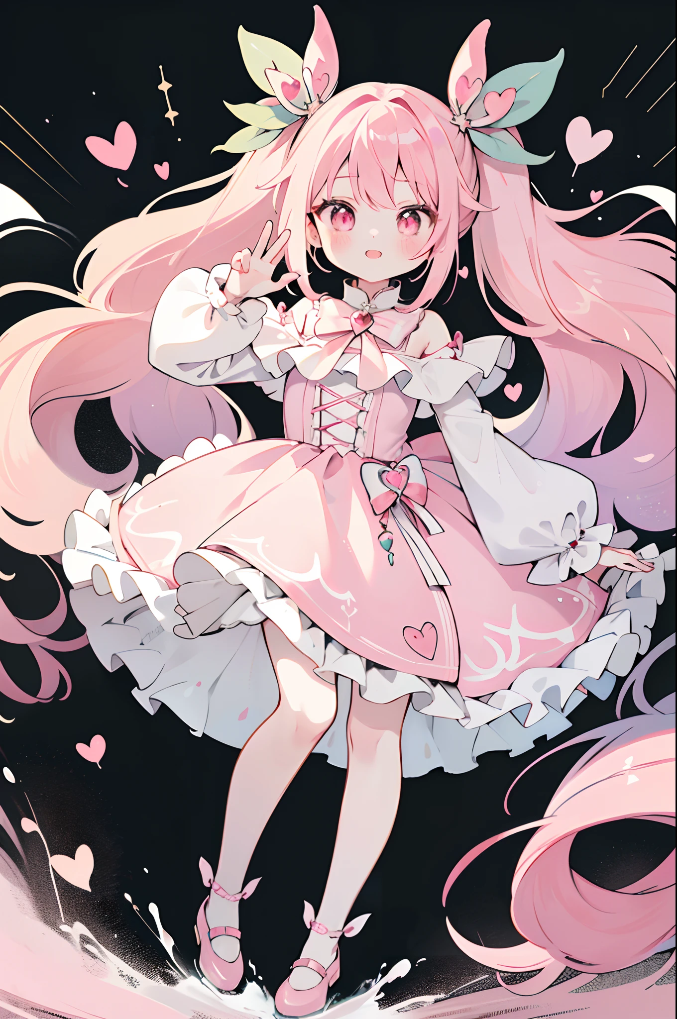 azhiichigo style，big eyes, thick lines, cute,,uekura.KoiKo,,full body,.\(Style\):kawaii style,,..\(Composition\):\1girl,,..\(Appearance\): Consistency,naughty face,smile,wavy hair,twin tails hair,pink hair, crimson eye,..\(Clothing\):,(Clothes with lots of frills, lace and ribbons:1.2),(pastel color style:1.1),hand on hip,cheeky face,white and pink clothes,white and pink shoes,,..\(Behavior\):,..\(Location\): (surround,heart-shaped gem, starry heart),,..\(Quality\): best quality,masterpiece,,.,magical girl, hold Magic wand, signature pose