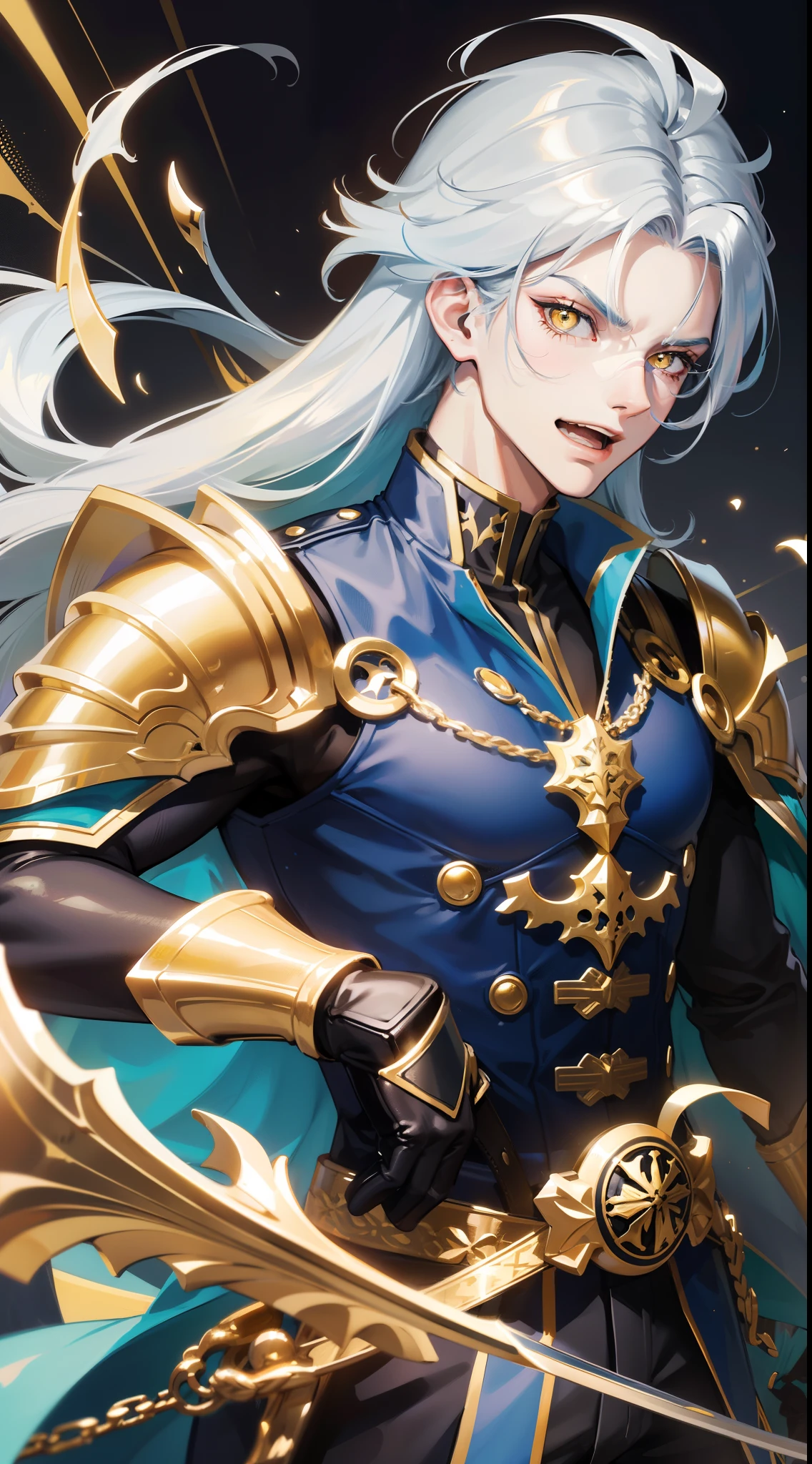 Grown-up guy, Long blue and white hair, Yellow eyes, musculature, smirk, open mouth, Black mercenary uniform, sword, Sleeveless, Gold Elements, Masterpiece, hiquality, higly detailed, HD, 4k