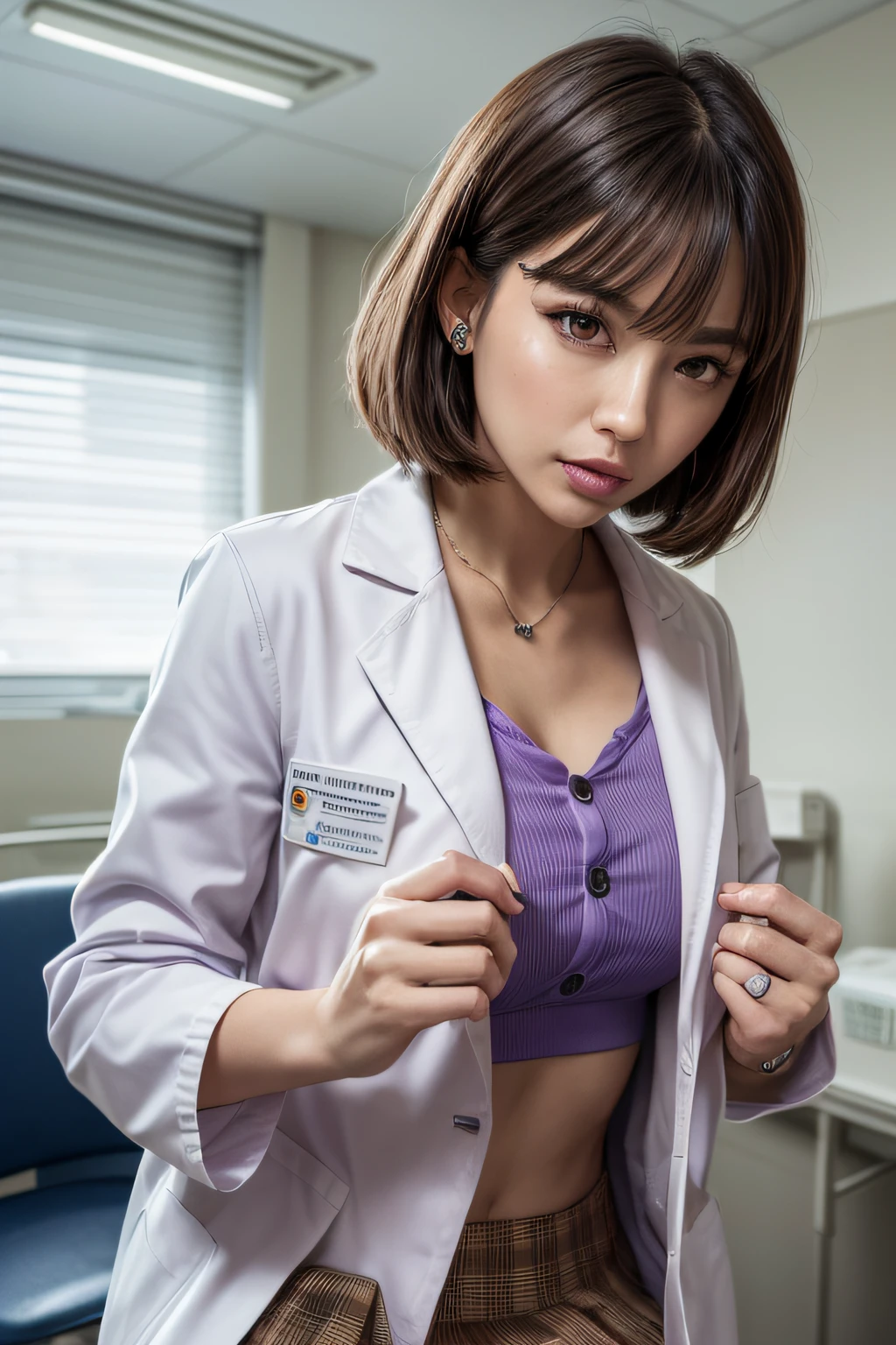 physician, 50 years old, hyperdetailed face, Detailed lips, Detailed eyes, 二重まぶた, Black bob-shaped hair,  (((Light purple shirts that button up to conceal the chest, doctors white coat, Brown tight mini skirt))), (Examining a patient in a hospital examination room), ((Glamorous body)), perfect hand, Perfect fingers, perfect chest, Perfect fit, perfect bodies, face perfect, Perfect image realism, Background with:((Hospital examination room)), Meticulous background with, detailed costume, Perfect litthing, Hyper-Realism, photoRealistic, 8K maximum resolution, (​masterpiece), Highly detailed, Professional