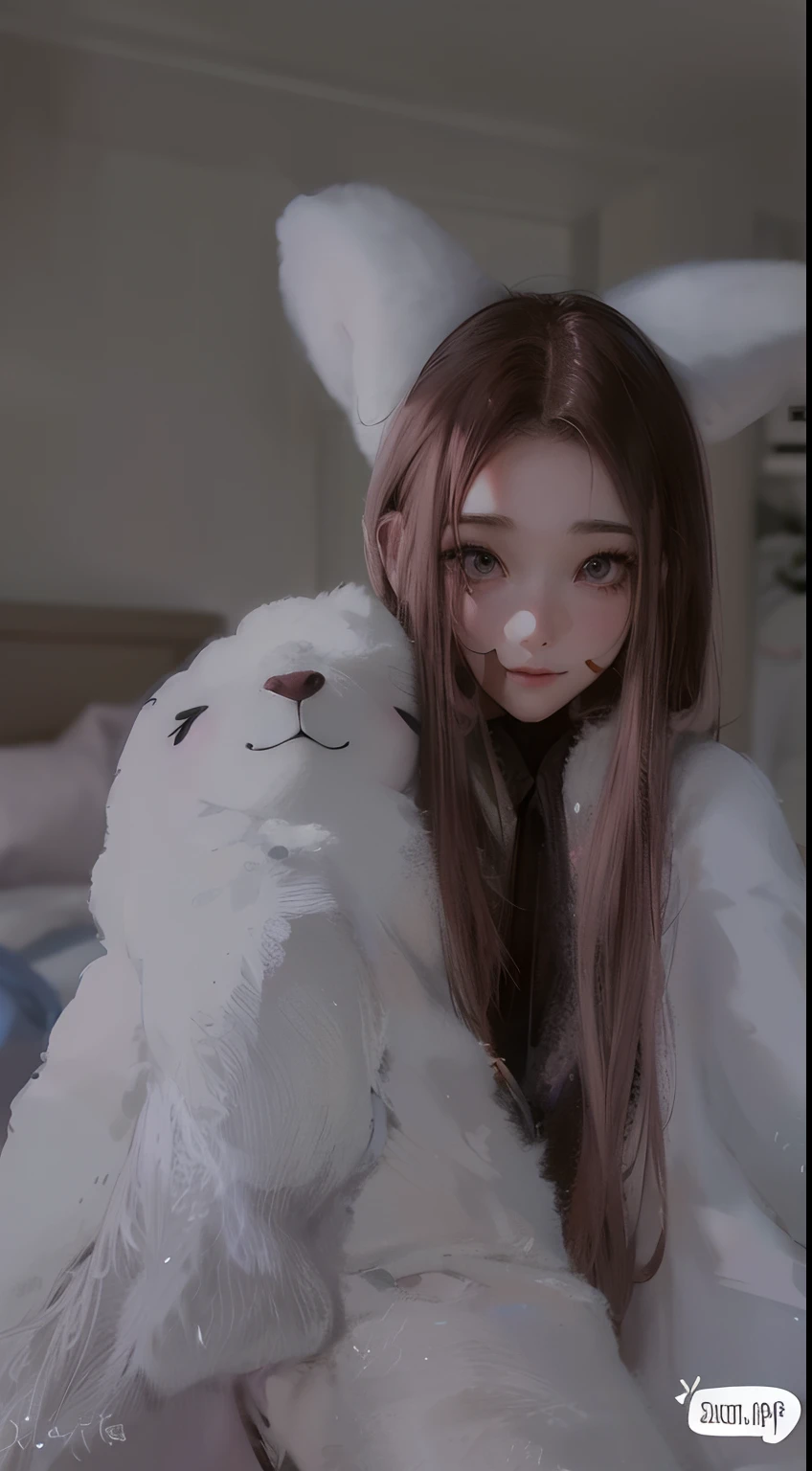Long pink and burgundy hair , Sexy girl nipple , Take a picture with a cartoon alpaca in the bedroom，cartoonish style，Sexy girl，Wearing suspenders